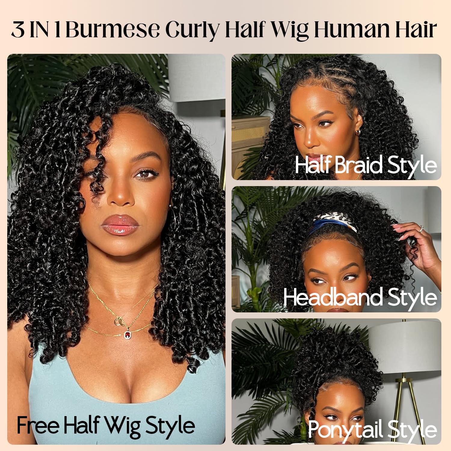 220% Density Burmese Curly Half Wig Human Hair 3 In 1 Glueless Human Hair Half Wigs with Drawstring 20 Inch Seamless Flip Over Half Wigs for Black Women No Glue No Lace Wig with Spiral Ends