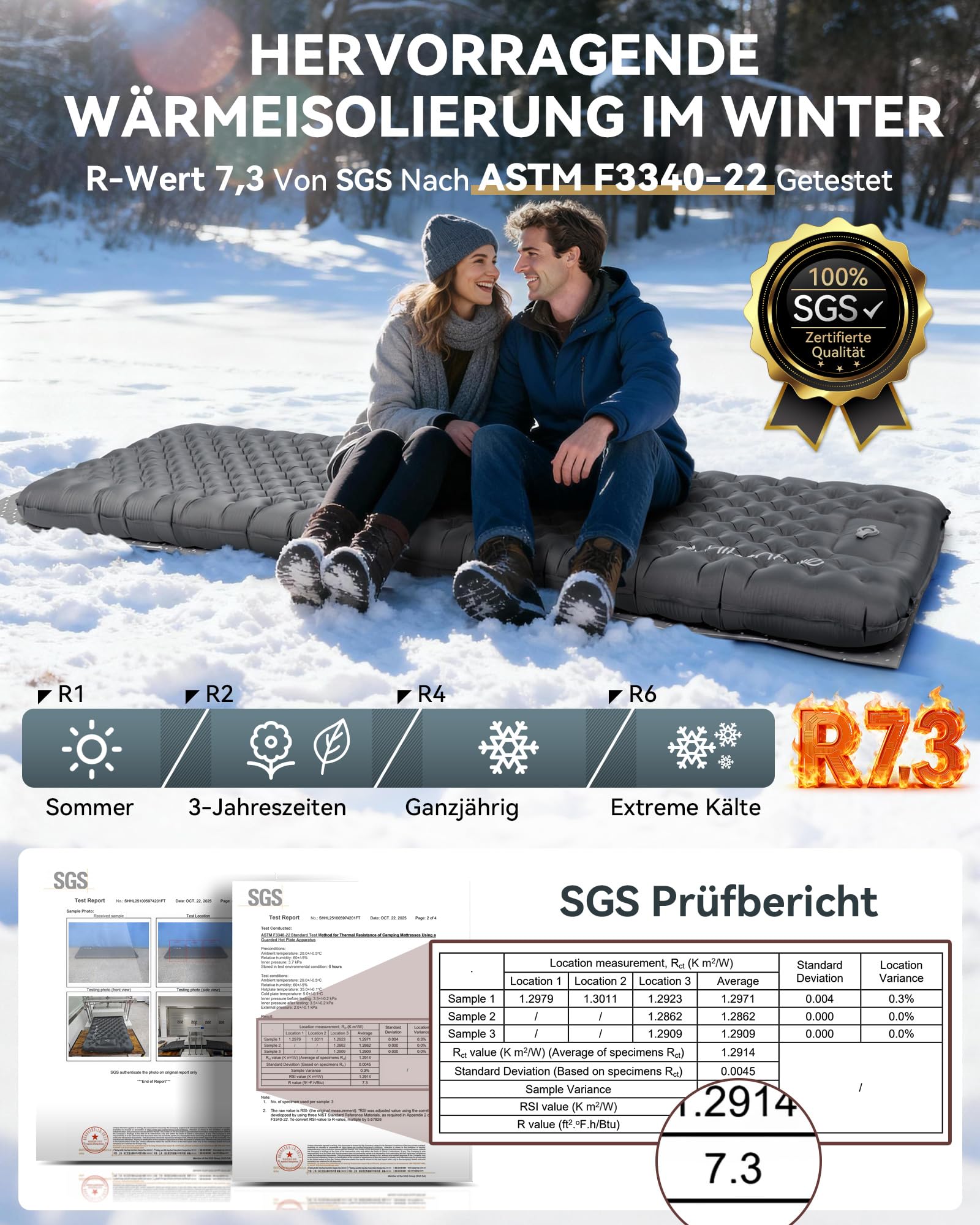 HIKENTURE Isomatte Camping R Value 7,3 z pompką nożną, 10 cm, bardzo gruba izolująca mata do leżenia 210 x 64 cm, ciepła mata do spania, materac dmuchany, mały rozmiar opakowania na 4 pory roku, na