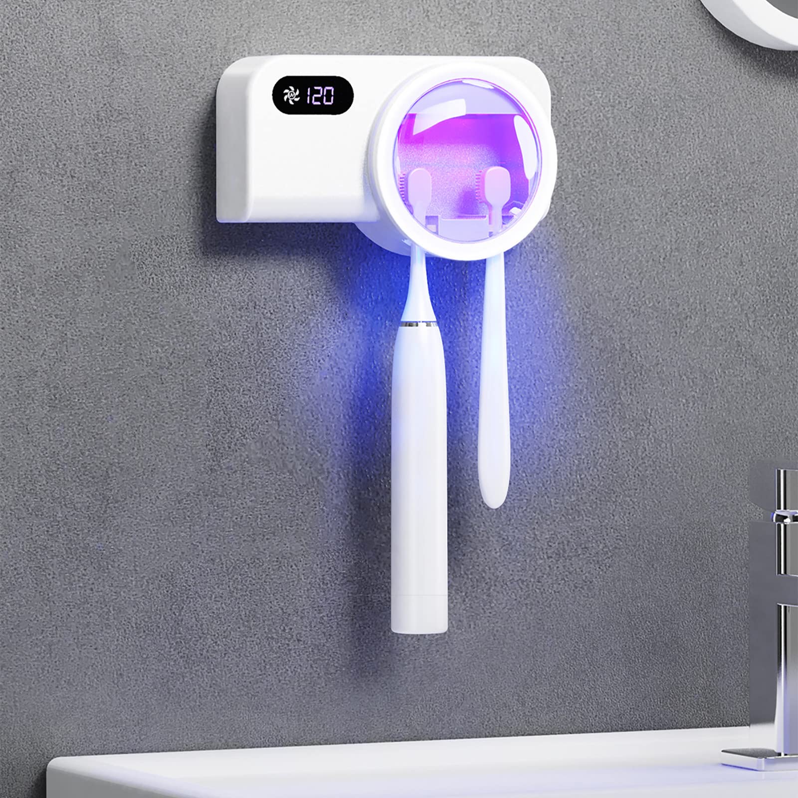 Porta Cepillo de Dientes, Soporte Cepillo de Dientes con Función Esterilizador y Secado LED Dispensador Pasta Dientes Organizador Baño USB Recargable Blanco