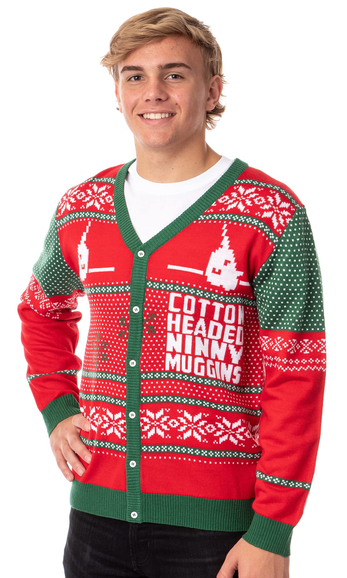 Bioworld ELF The Movie Men's Cotton Headed Ninny Muggins Button-Down Ugly Christmas Sweater