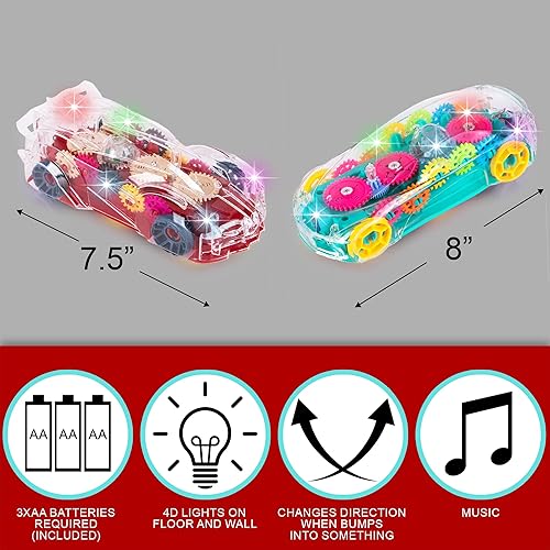 Miniatura 3 de ArtCreativity Coches de juguete transparentes iluminados para niños, juego de 2, autos de juguete Bump and Go con coloridos engranajes móviles,