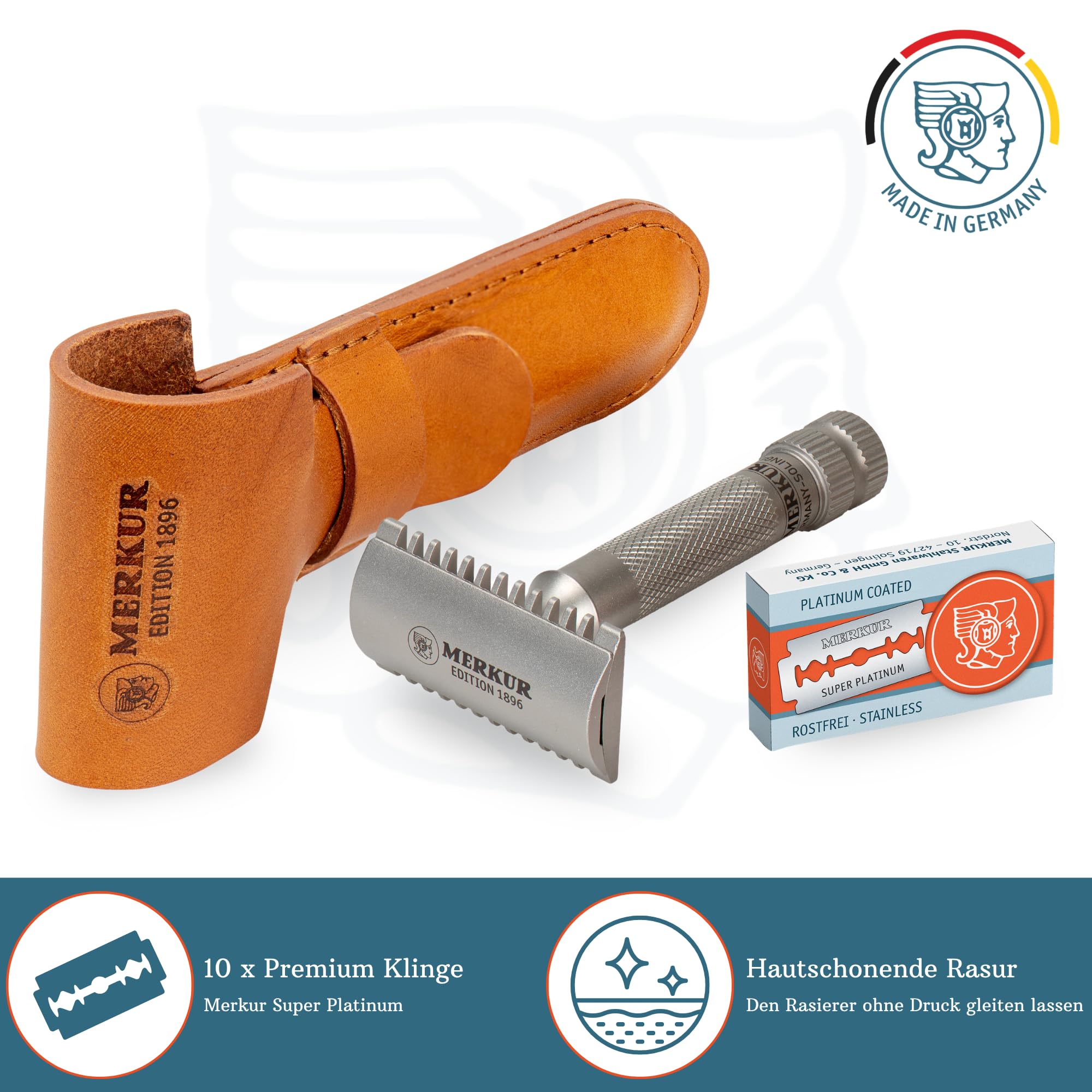 MERKUR Edelstahl Rasierhobel Set 11 INOX | Sonderedition 1896 | inkl premium Rasierhobel, Lederetui und 10x Platinum Klinge | Seidenmatt | Offener Kamm | Ideal für Nassrasur | Made in Germany