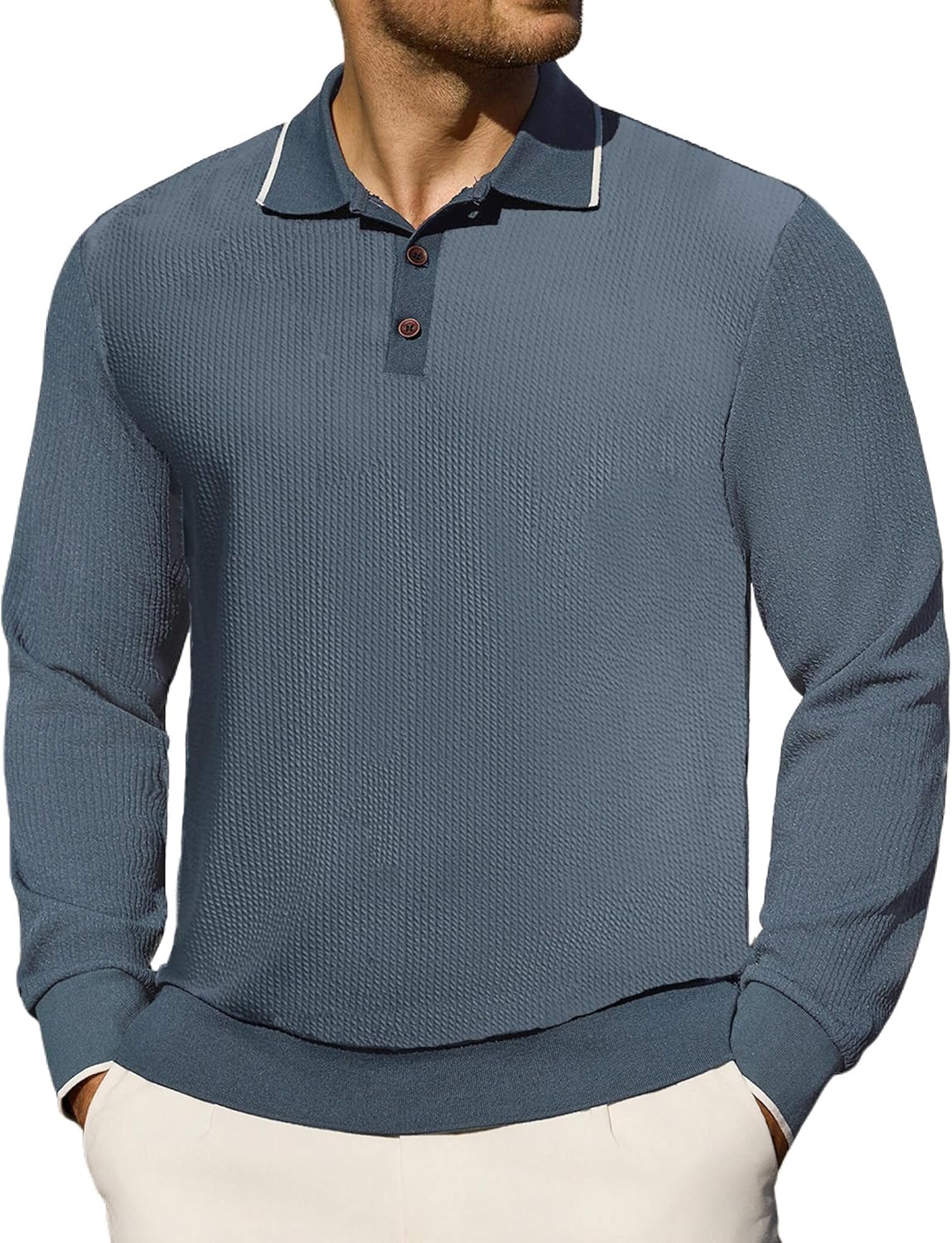 Men's Casual Polo Shirts Long Sleeve Textured Collared Pullover Knit Ribbed Classic Golf Polo Sweaters