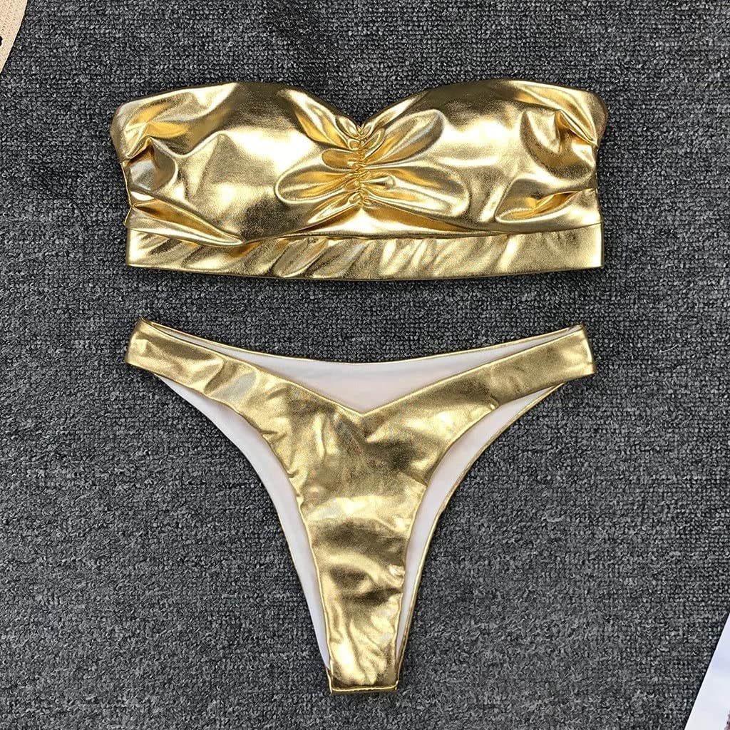 Amazon.co.jp: 女性ゴールドビキニセットストラップレスレザー水着