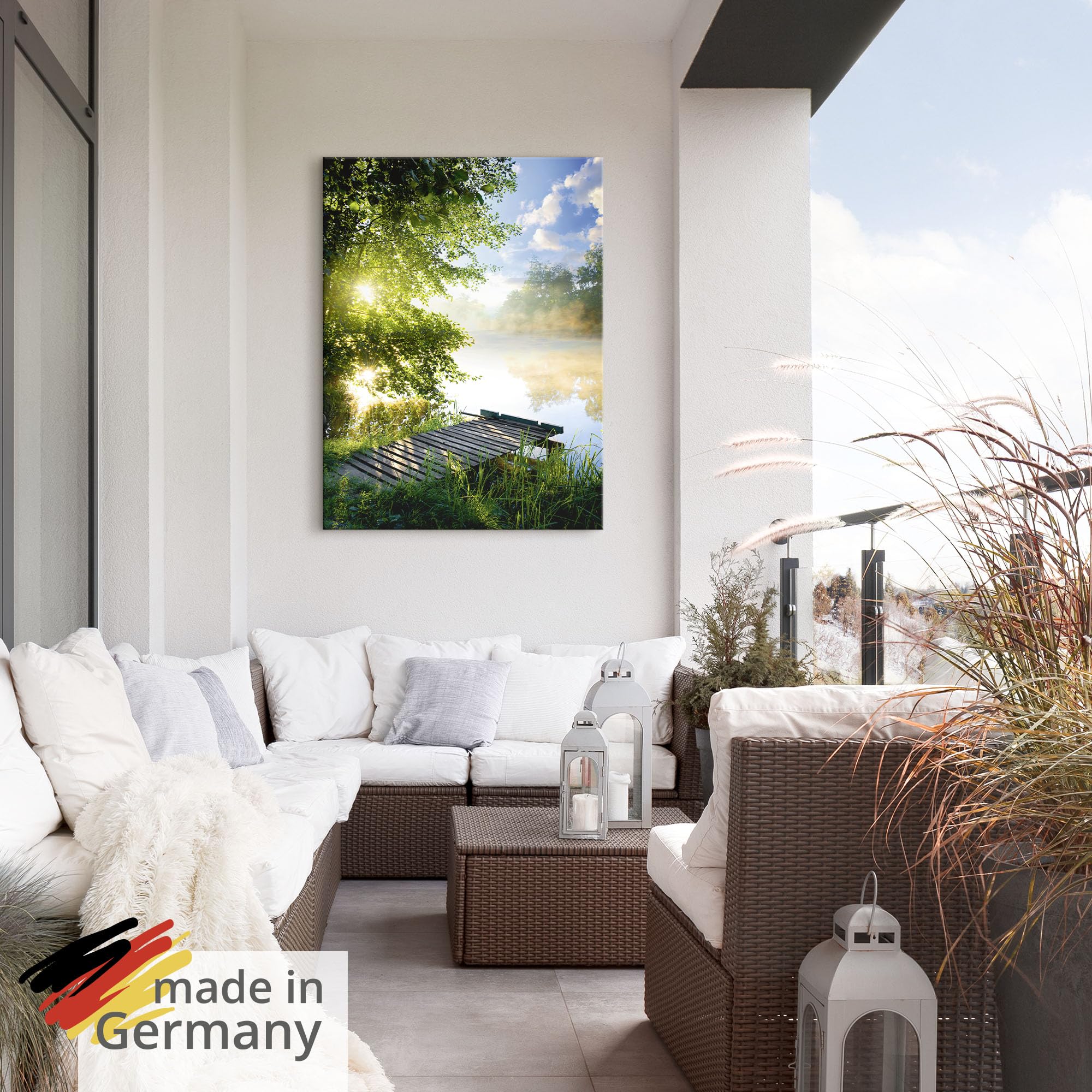ARTland Wanddeko Wandbild Alu Verbundplatte für Innen & Outdoor Bild 60x80 cm Natur Landschaft Wald Baum See Steg Sommer Sonne Gräser T0WD