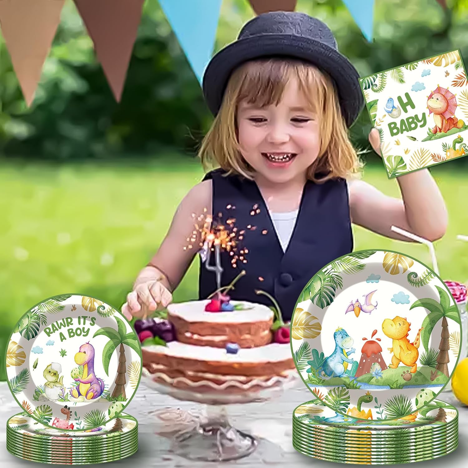 Dinosaur Baby Shower Party Decorations - 96 Pcs Green Plates Napkins Forks Tableware Set for Boy Birthday Party Decor, Cute Dinosaur Disposable Tableware Home Kid Birthday Decor for 24 Guests