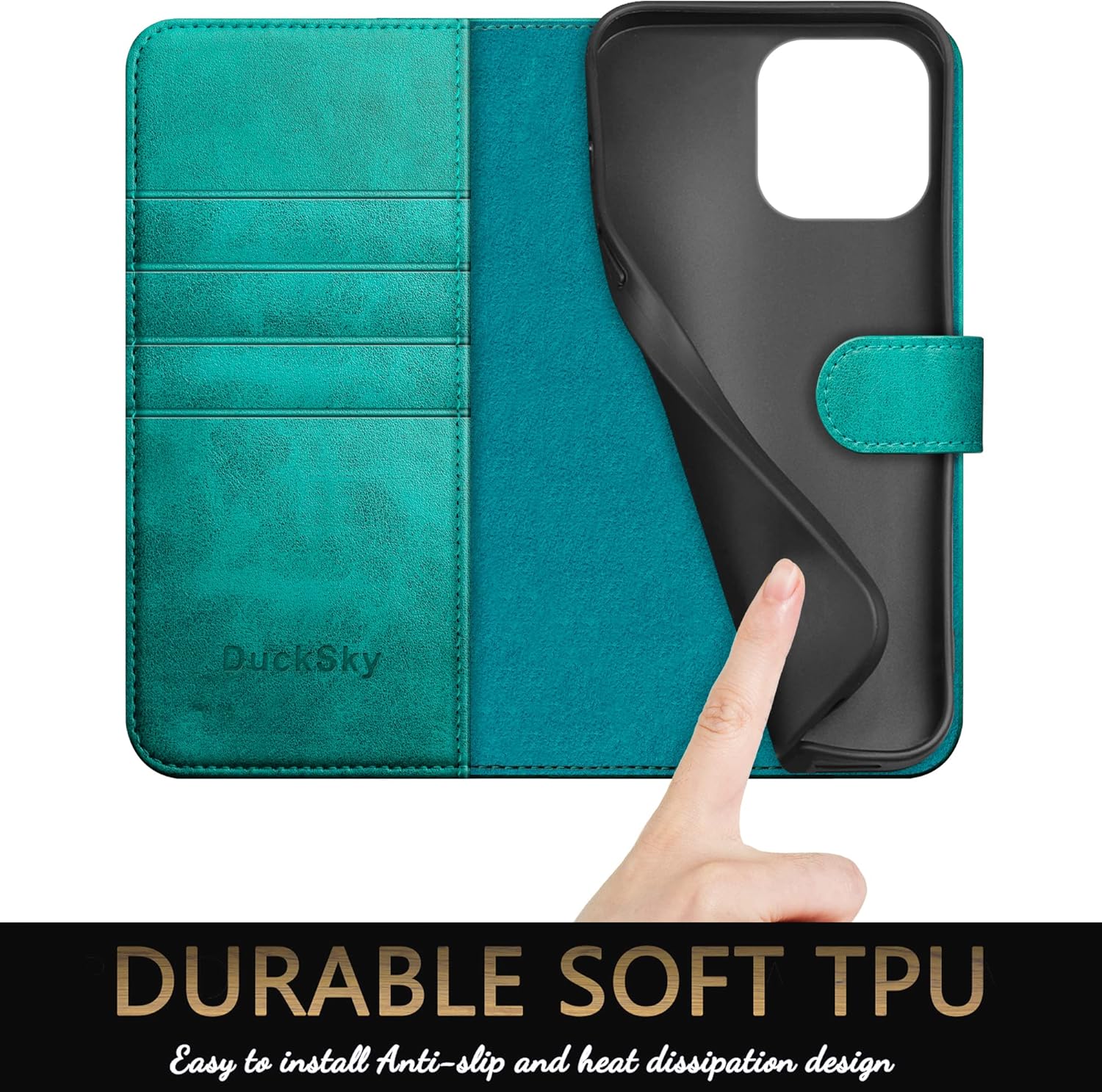 DuckSky for iPhone 13 Pro 6.1" Genuine Leather Wallet case【RFID Blocking】【4 Credit Card Holder】【Real Leather】 Flip Folio Book Protective Cover Women Men for Apple 13Pro Phone case Blue Green