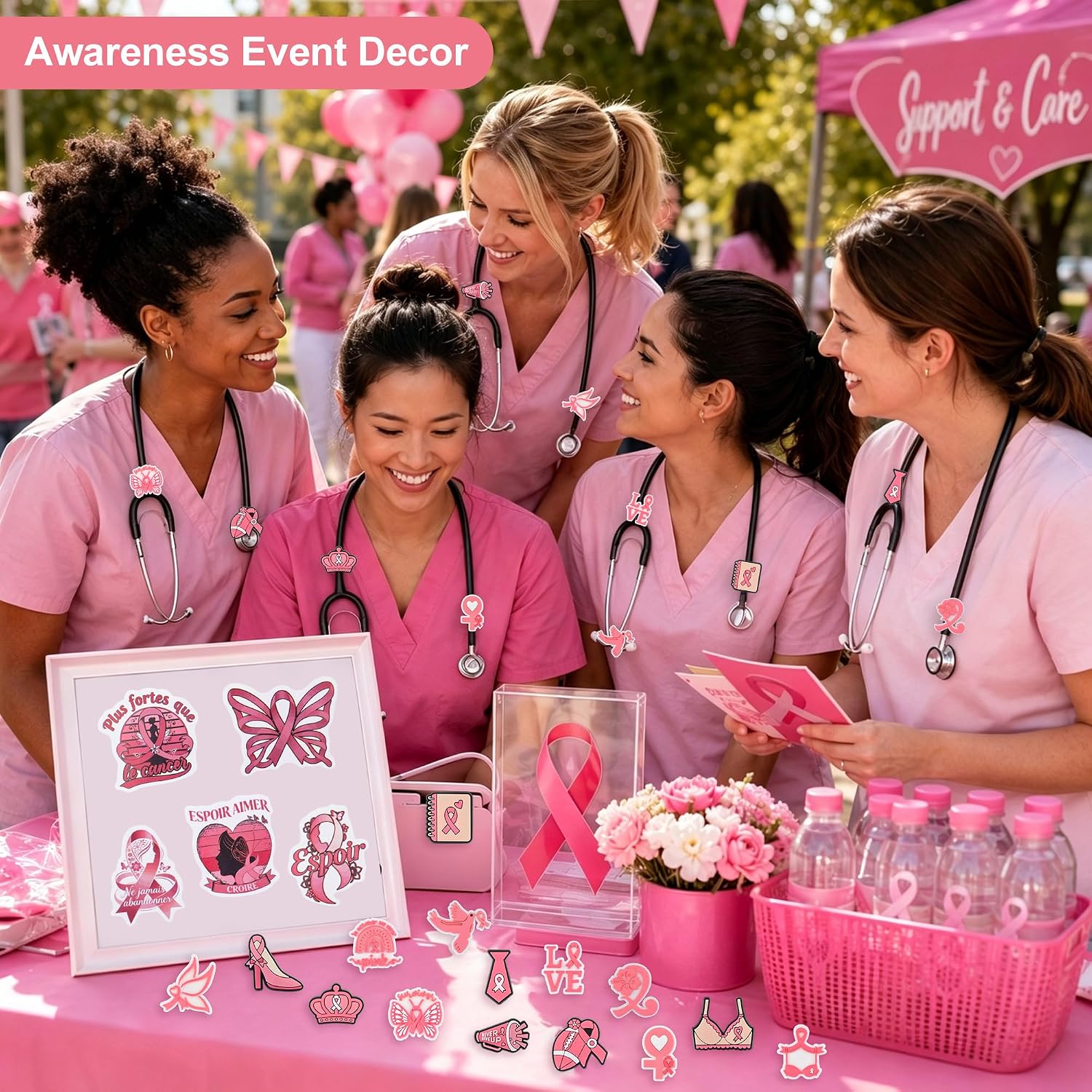 WANDIC 15PCS Pink Ribbon Stethoscope Charms, Breast Cancer Awareness Stethoscope Charms for Nurses Silicone Removable for Accessories Charity