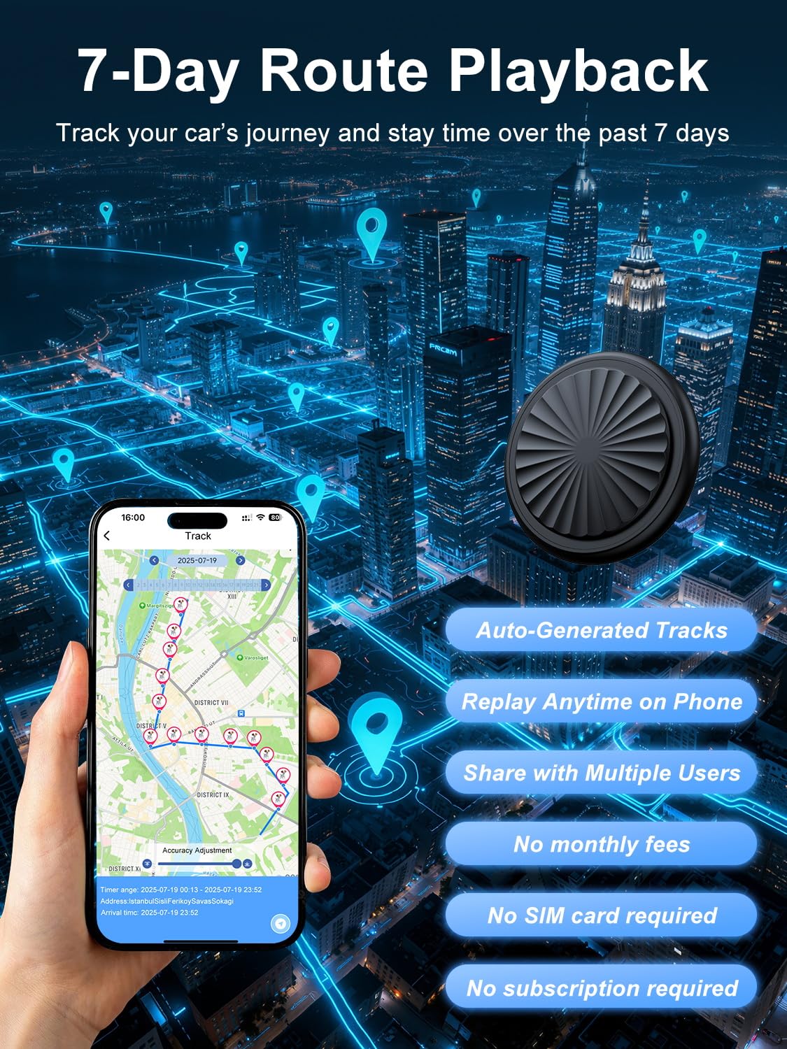GPS Tracker per Auto, Localizzatori GPS Compatibile con iOS e Android, Senza Abbonamento,Impermeabile IP67,Riproduzione Tracciato 7 Giorni,Autonomia 365 Giorni,Adatto per Auto/Animali Domestici/Chiavi