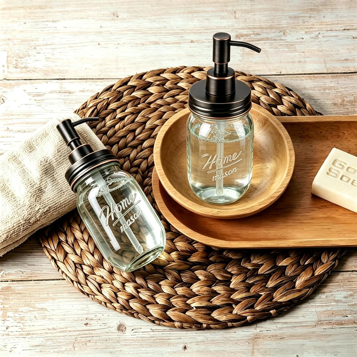 SheeChung 16 Oz Mason Jar Liquid Soap Dispenser, Glass Hand Soap Dispenser, Stainless Steel Pump Lid, Refillable Lotion Dispensers for Bathroom Countertop Kitchen (1, Oil Rubbed Bronze)