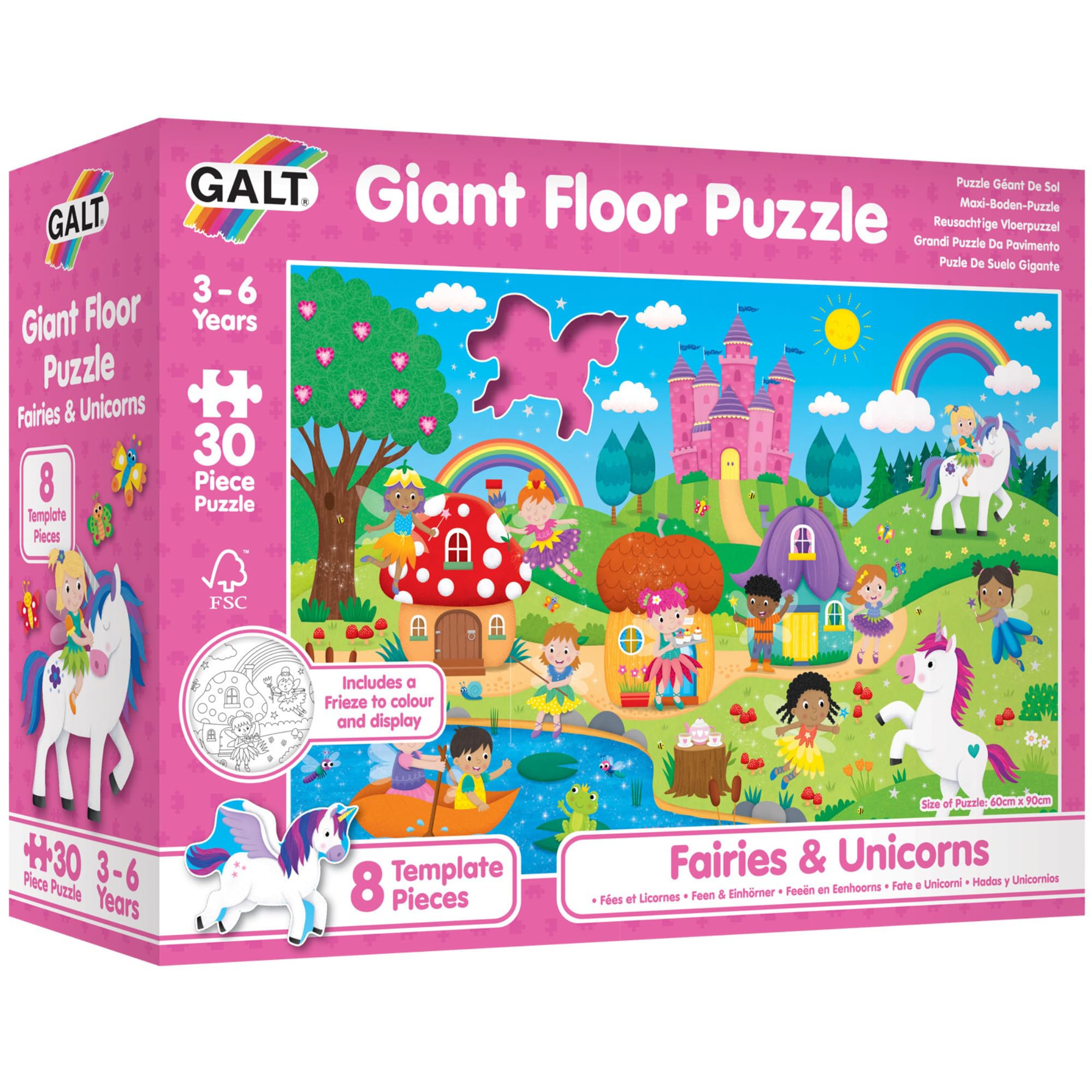 Galt Giant Floor Kids Jigsaw Puzzle Fairies and Unicorns, Fun Colourful 30 Piece with Cute Characters, 8 Template Pieces and Frieze to Colour and Display, Children Ages 3 to 6 Years, 60 x 90 cm