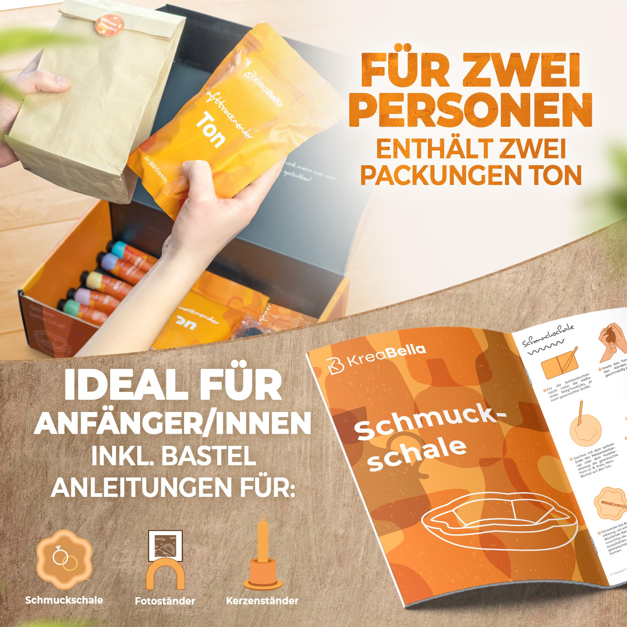 Töpferset - DIY töpfern für Zuhause, Lufttrocknender Ton zum basteln, selbsttrocknender Ton, Trockenton-Set zum kreativ Töpfern, Keramik Kreativset, Tonset ohne Brennen, Geschenke