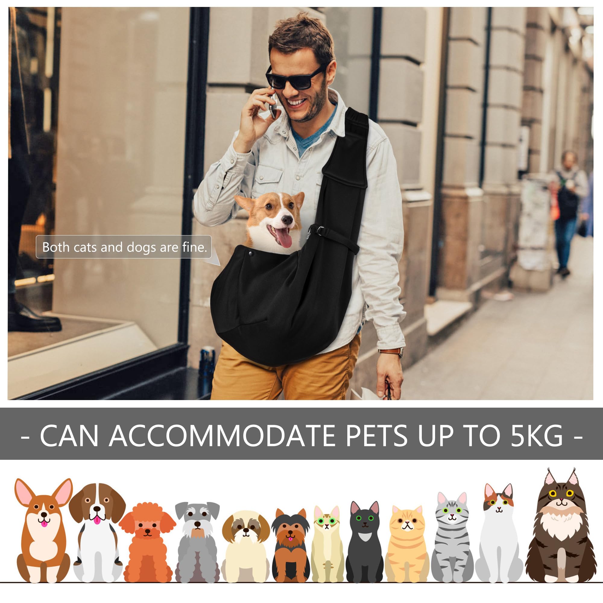 Bandolera para Perro Ajustable Bolso para Mascotas Transpirable Manos Libres Transportador de Cachorros para Perros Gatos Pequeño y Medianos Negro