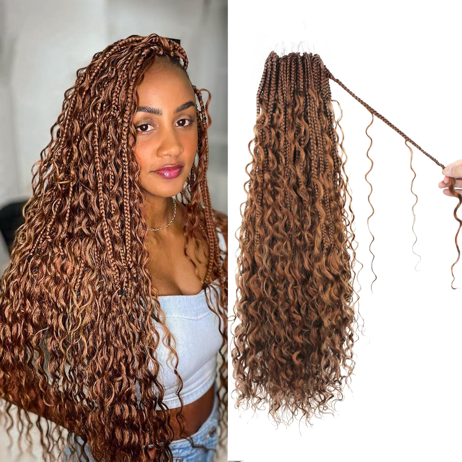 Boho Crochet Braids Pure Protein Fiber Close to Human Hair 18 Inch Goddess Box Braids with Soft Curls Bohemian Braids Crochet Hair for Black Women (18Inch #30) 18 Inch (Pack of 7) #30