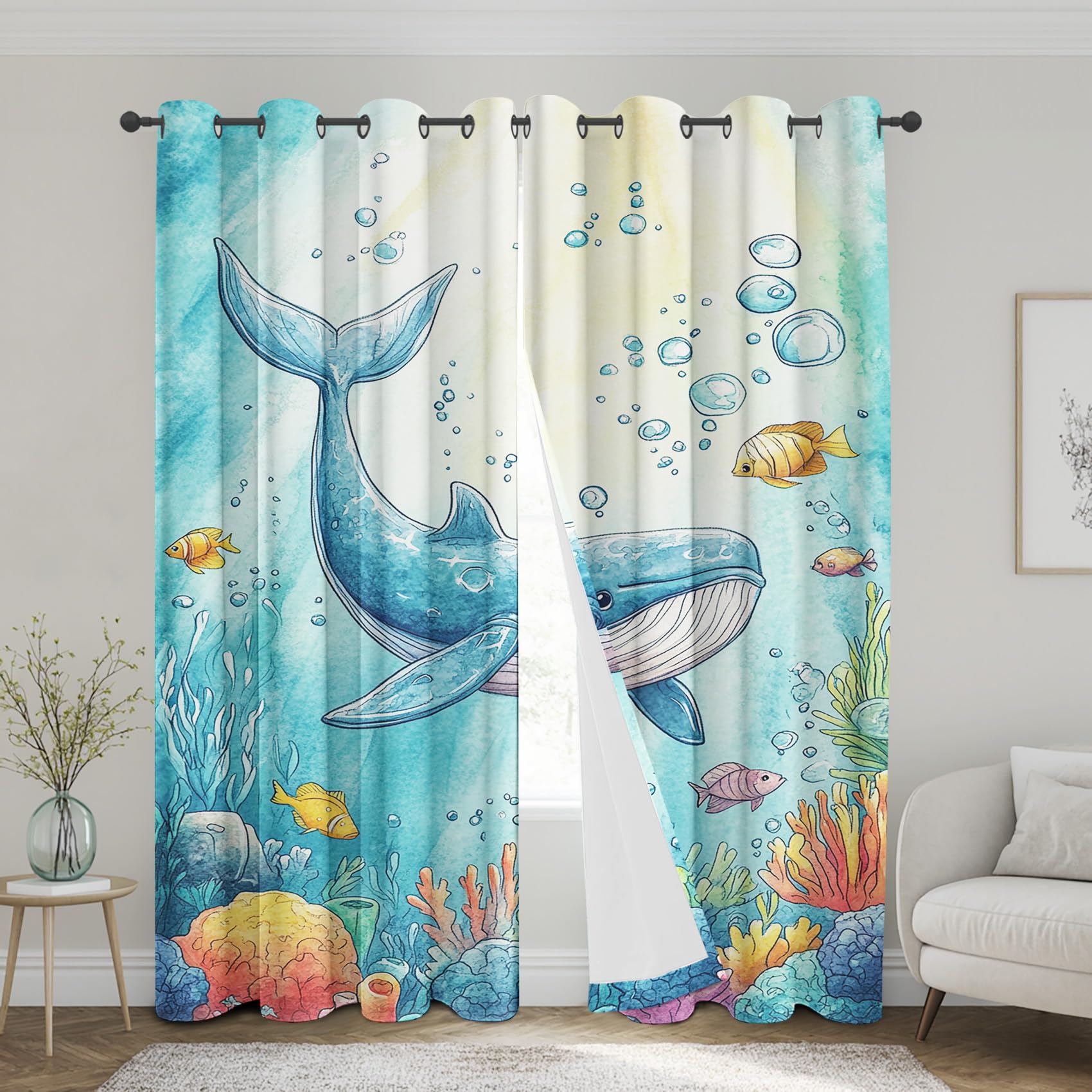 Ocean Animals Curtains for Nursery Bedroom 63 Inch Length 2 Panels, Sea Fish Whale Kids Blackout Curtains, Thermal Insulated Grommet Window Curtain for Living Room Drapes a1FT&-124