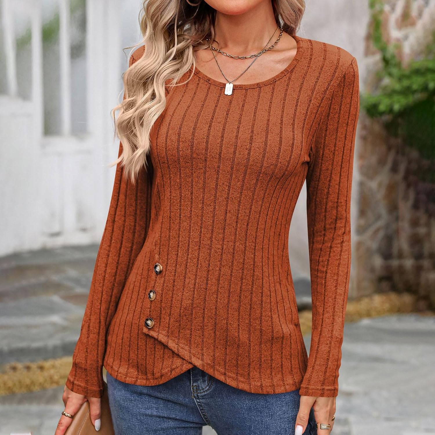 Womens Cotton Knitted Shirts Top Long Sleeve Round Neck Knit Base Shirt Skinny Soft Cozy Blouse Solid Pullover Tops
