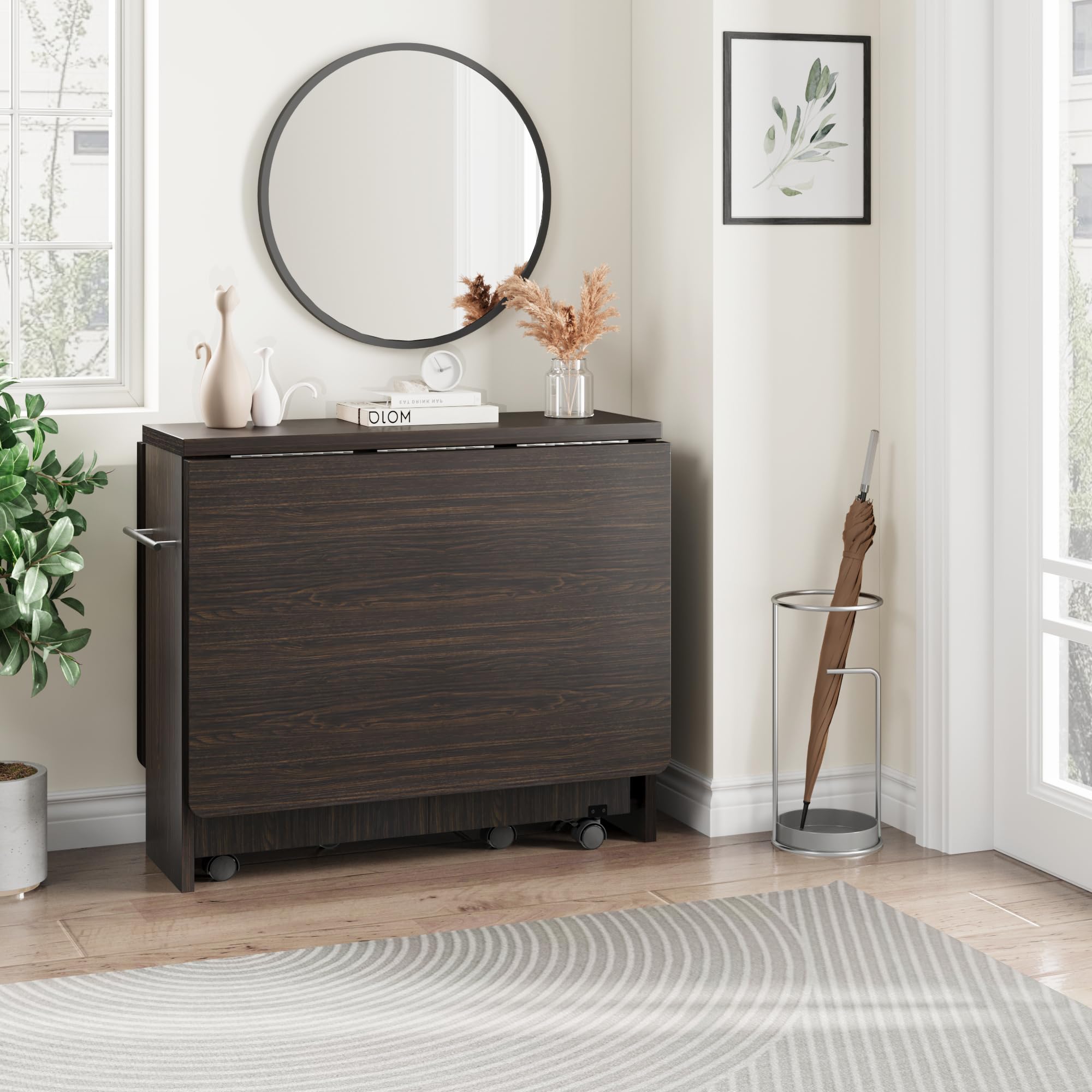 Zstar Platzsparender, Faltbarer Essenztisch Mit Ausziehbarem Drop-Leaf-Design, 2-Stufigem Stauraum Und 6 Feststellbaren Rollen – Erweiterbarer Holztisch Für 4 Personen, Schwarz