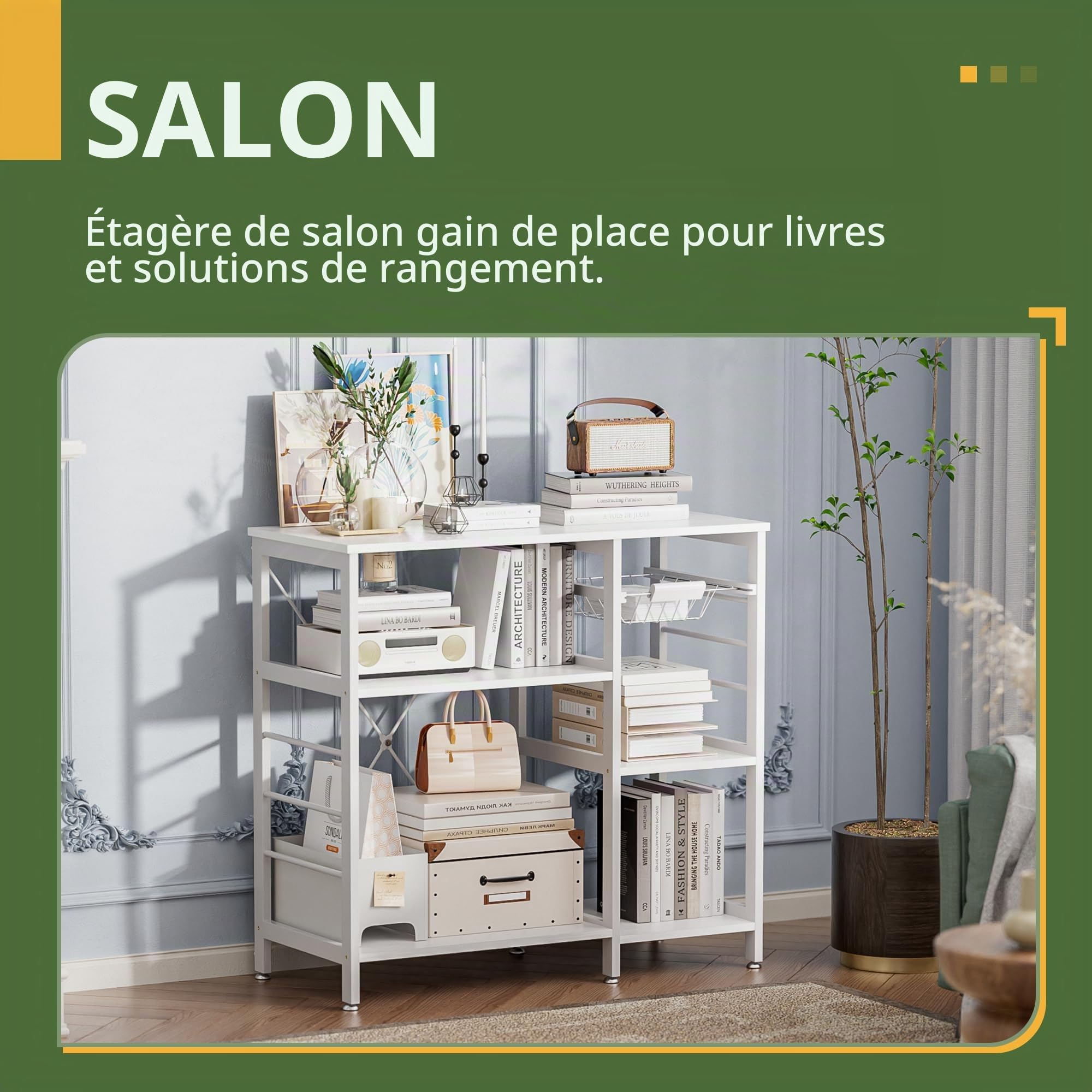 Étagère de cuisine pour boulanger, support de four à micro-ondes avec cadre en bambou, bar à café avec panier en fil métallique et 6 crochets pour cuisine, salon, bureau (Blanc)