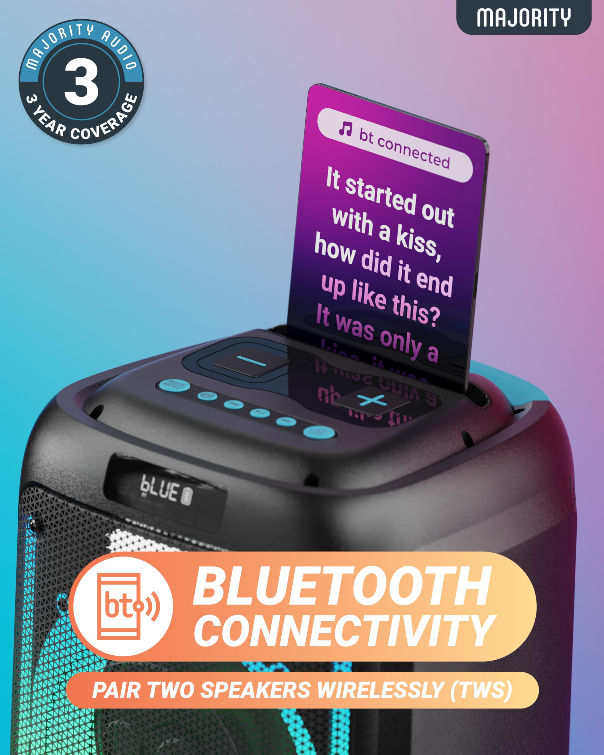 MAJORITY Tragbarer Party-Lautsprecher & Karaoke-Maschine mit kabelgebundenem Mikrofon, Bluetooth, USB/SD MP3-Player, Mikrofon-Echo, Höhen, Bass-Boost, TWS-Stereo, LED-Lichter, PA-System-Lautsprecher