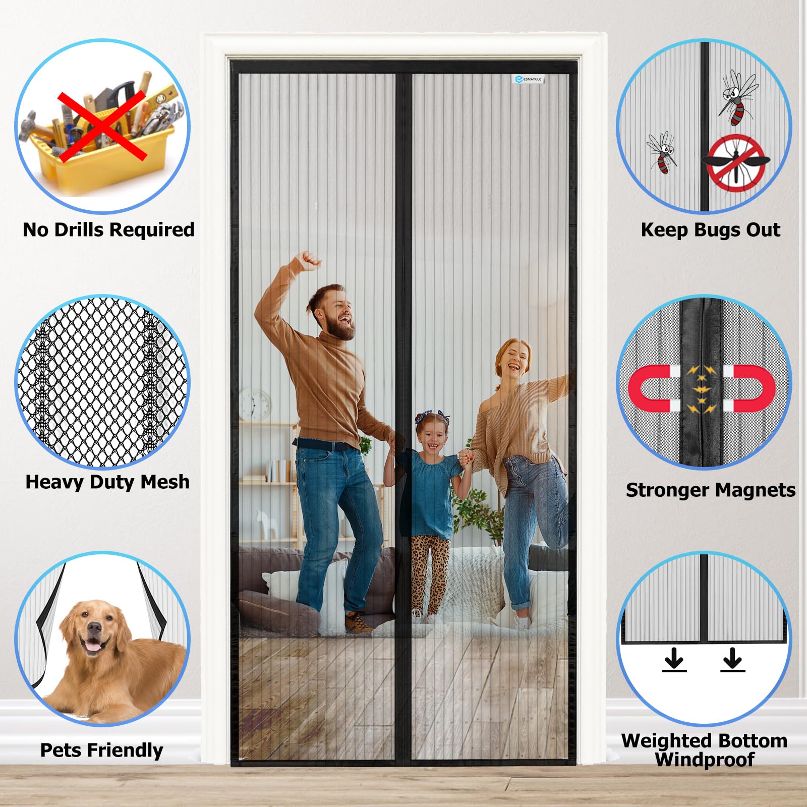 ESMAYULO Zanzariera Magnetica 110x240 cm, Facile da Installare, Senza Bisogno di Attrezzi, Adatto ai Bambini e Agli Animali Domestici. Nero