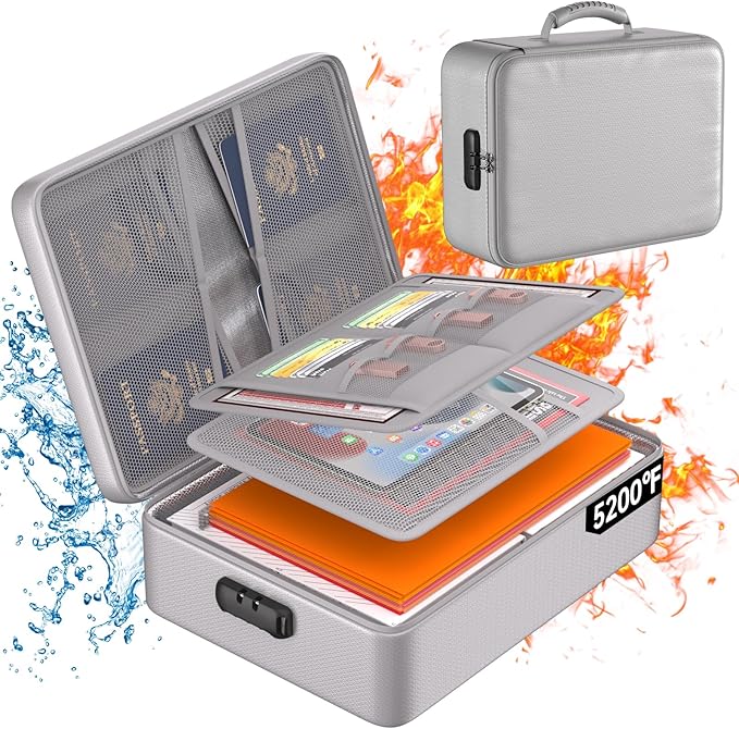 DocSafe 5200°F Document Organizer with Lock,Upgraded Heat Insulated Fireproof＆Waterproof Box 8 Layers File Organizer,Portable Home Travel Safe Storage for Important Documents, Files and More