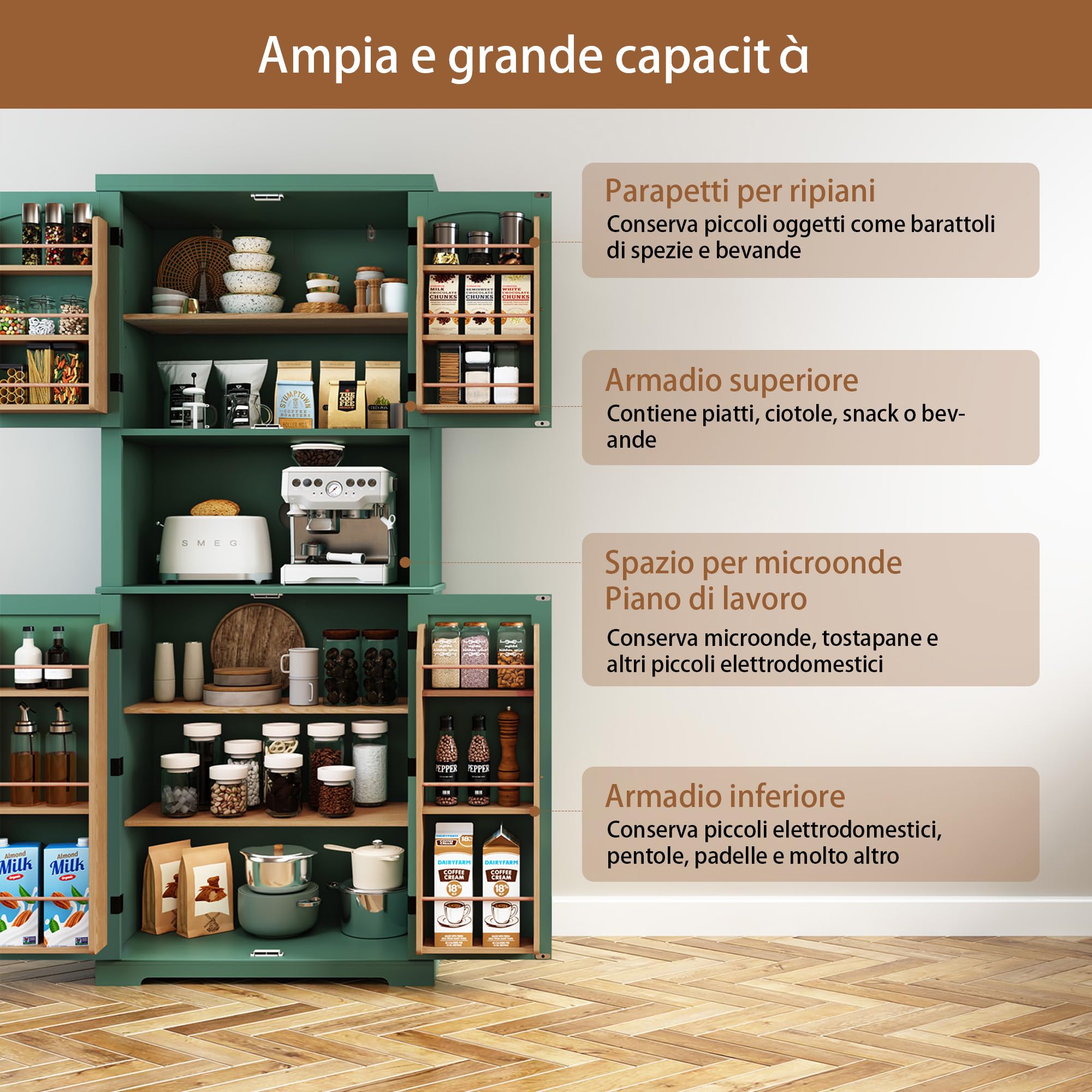 HOLTICO Dispensa da Cucina Alta, Armadietto Multifunzione con Scaffali sulle Ante e Ripiani, Mobile Alto per Alimenti, Credenza Moderna per Soggiorno, Cucina e Lavanderia, Verde Salvia