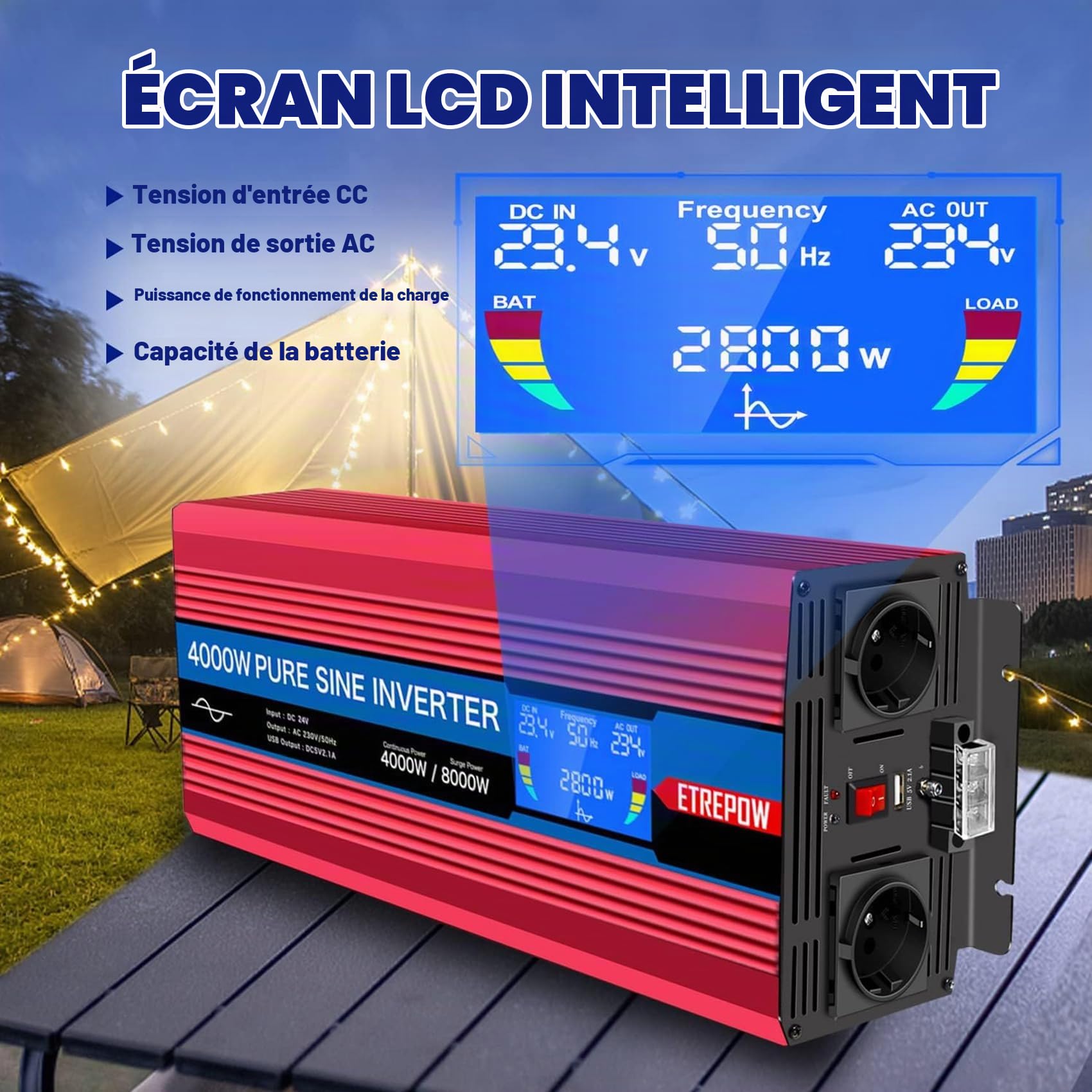 4000W convertisseur 24v 220v Pur Sinus transformateur | 2 Prises EU AC et USB, télécommande sans Fil et écran LCD Onduleur pour Les systèmes Solaire, Voiture, Camping, Voyage