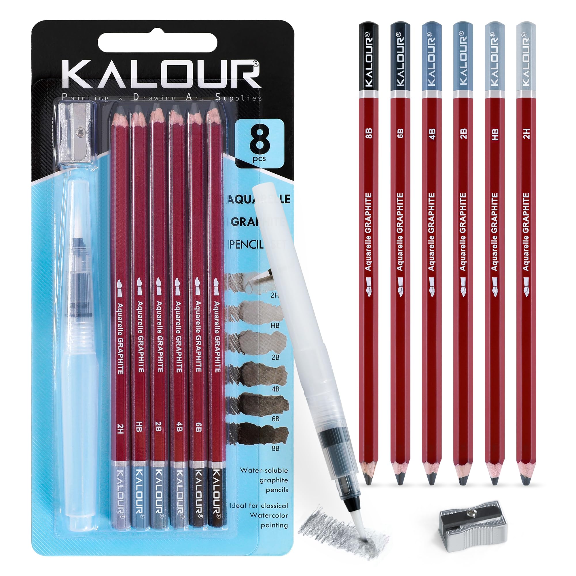 KALOUR PDAS Water-Soluble Graphite Aquarelle Drawing Pencils, 2H HB 2B 4B 6B 8B Grey, Professional Sketching Set with Water Brush and Pencil Sharpener