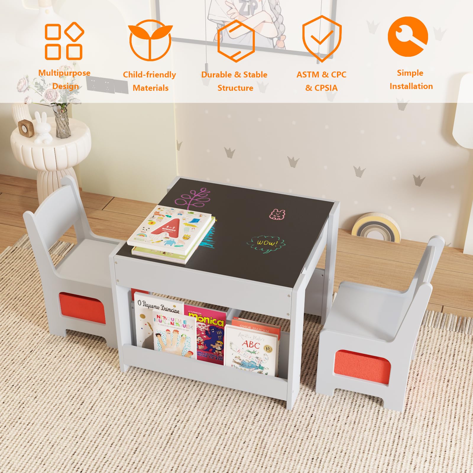 Garvee 4-in-1 Kindertisch und Stuhlset aus Holz – Multifunktional mit beidseitig nutzbarer Tischplatte (Tafel/Whiteboard), Bücherregalen, Schubladen und 2 Stühlen – Viel Stauraum für Kreativität im