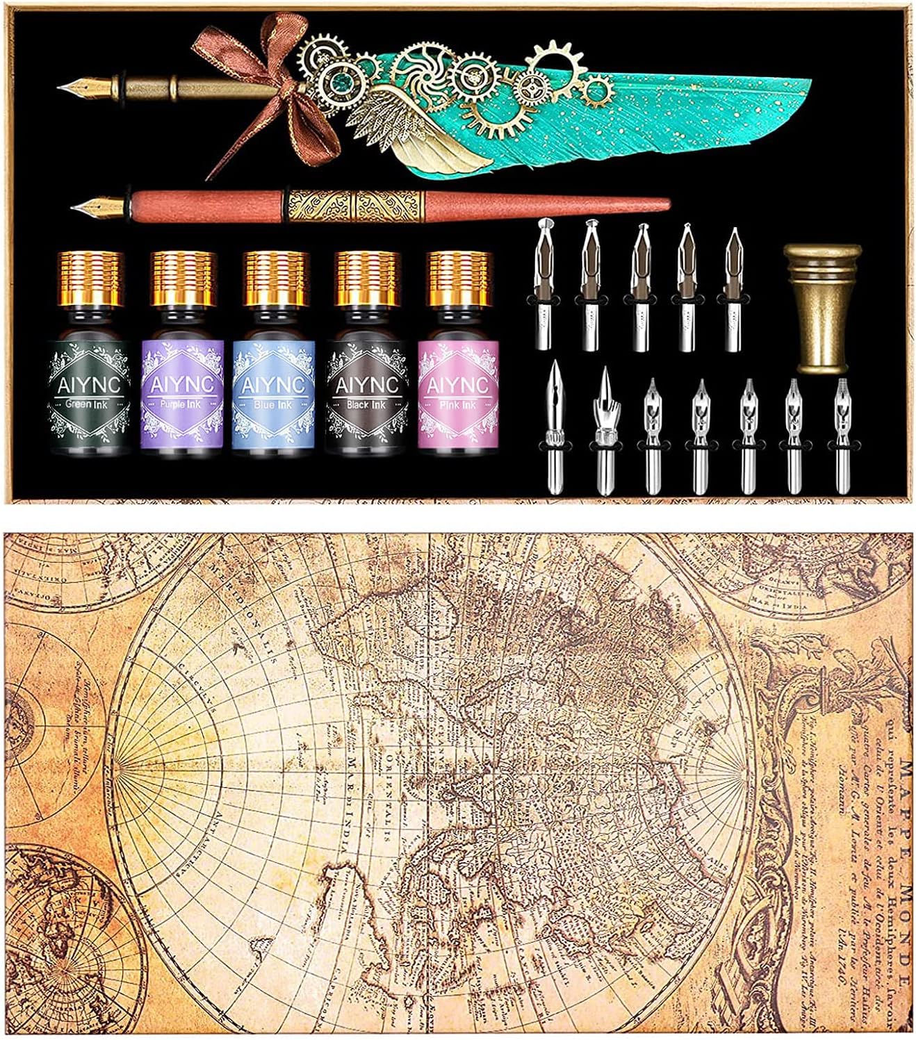 Juego de tinta para caligrafía de plumas, bolígrafo mecánico y bolígrafo de inmersión de madera, 5 colores de tinta, 12 puntas de repuesto, soporte