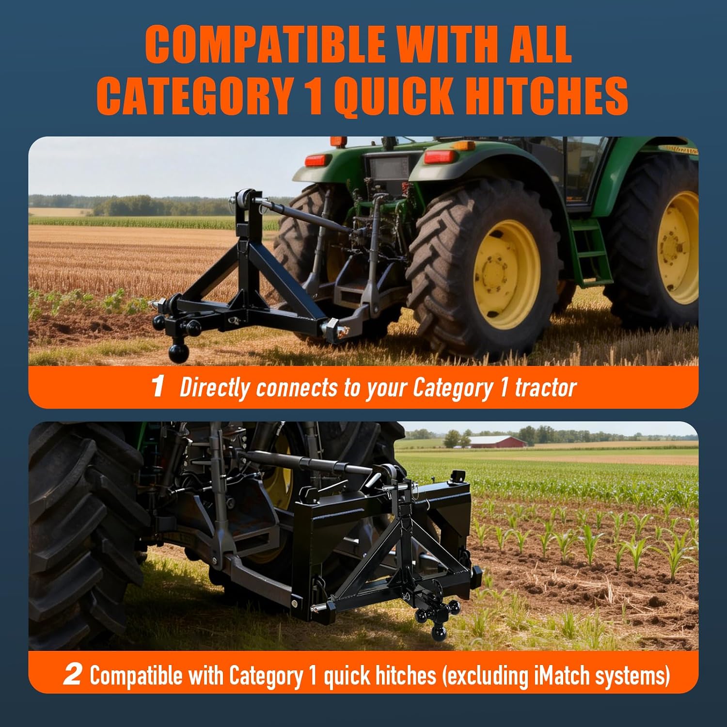 3 Point 2" Trailer Hitch Receiver,Quick Hitch Compatible with Category 1 Tractors,Towing Ball Hitch with Hook Heavy Duty Tractor Drawbar 3 Pt Quick Hitch Attachment for John Deere,Kubota,NorTrac,Kioti