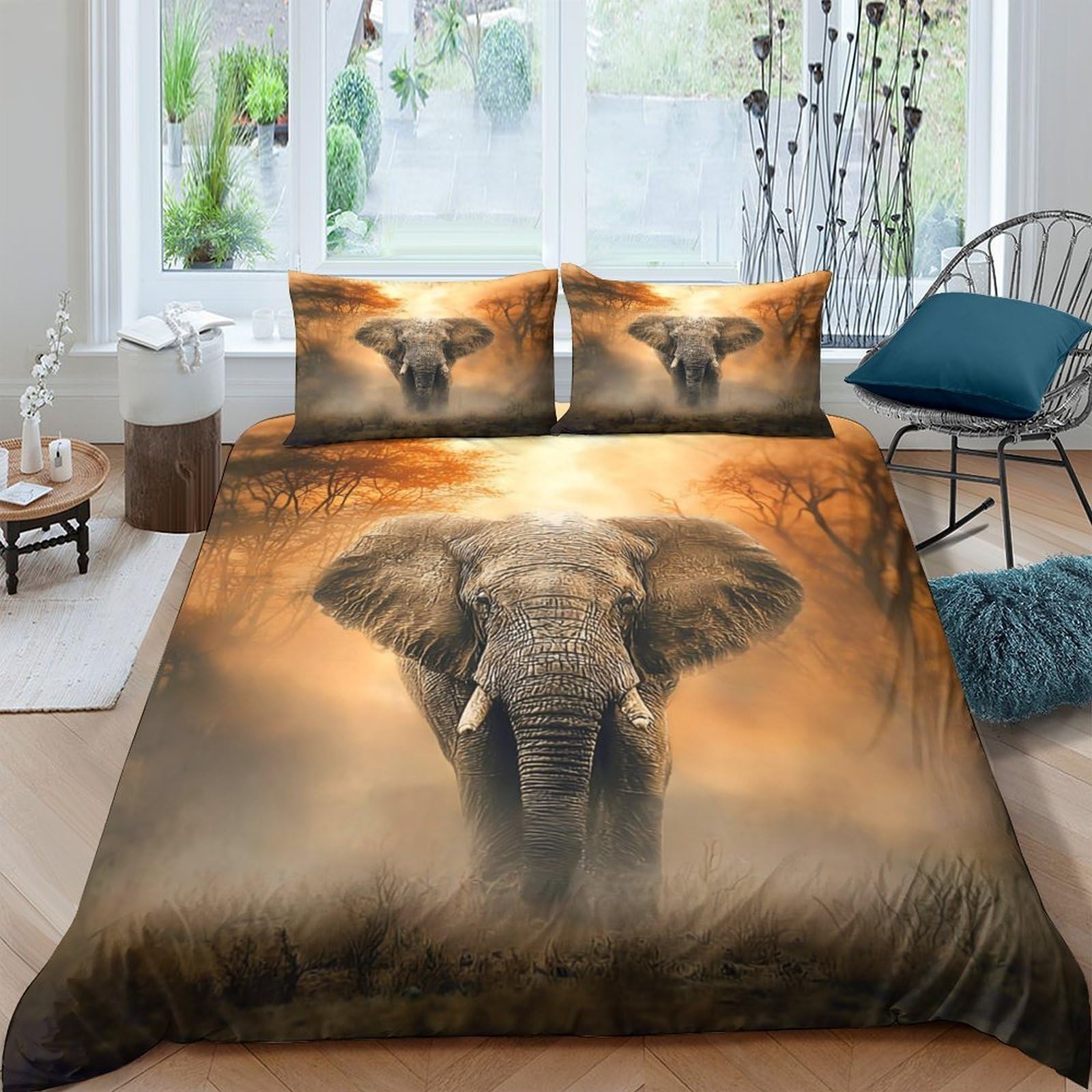 Ctjqhvkz Style-9 3D Printed African Elephant Fitted Sheet Microfiber Soft Brown Sunset Forest Bed Cover For Bedroom Guestroom Decor Single（135X200cm）