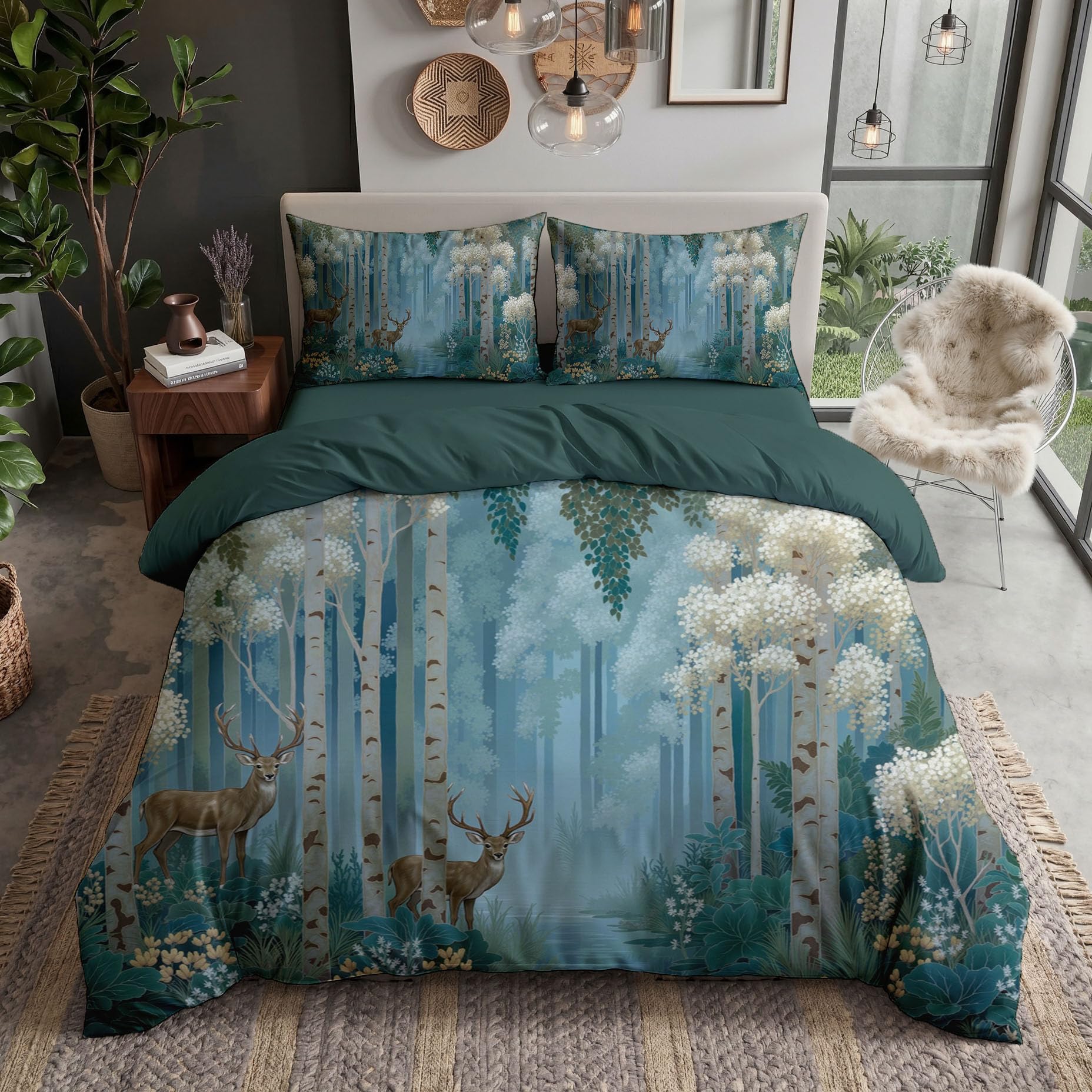 Parure de lit élan et forêt de bouleaux 200x200 cm bleu-vert avec 2 taies d'oreiller
