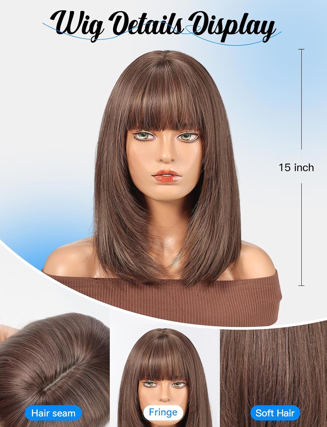 HAIRCUBE Staright Wig with Bangs Synthetic Mid-length Layered Wigs for Women Ligt Brown Color - Image 3