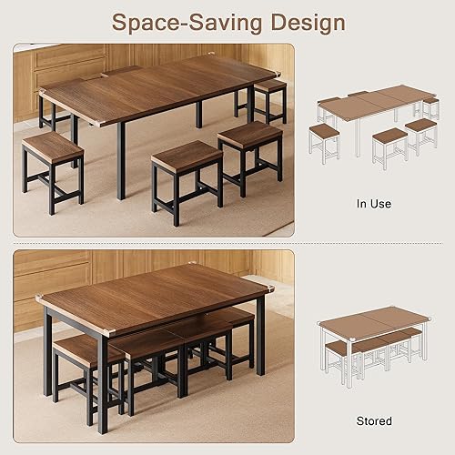 Miniatura 5 de Juego de mesa de comedor de 7 piezas, mesa de cocina extensible de 63 pulgadas con 6 taburetes, mesa de comedor moderna de mediados de siglo con