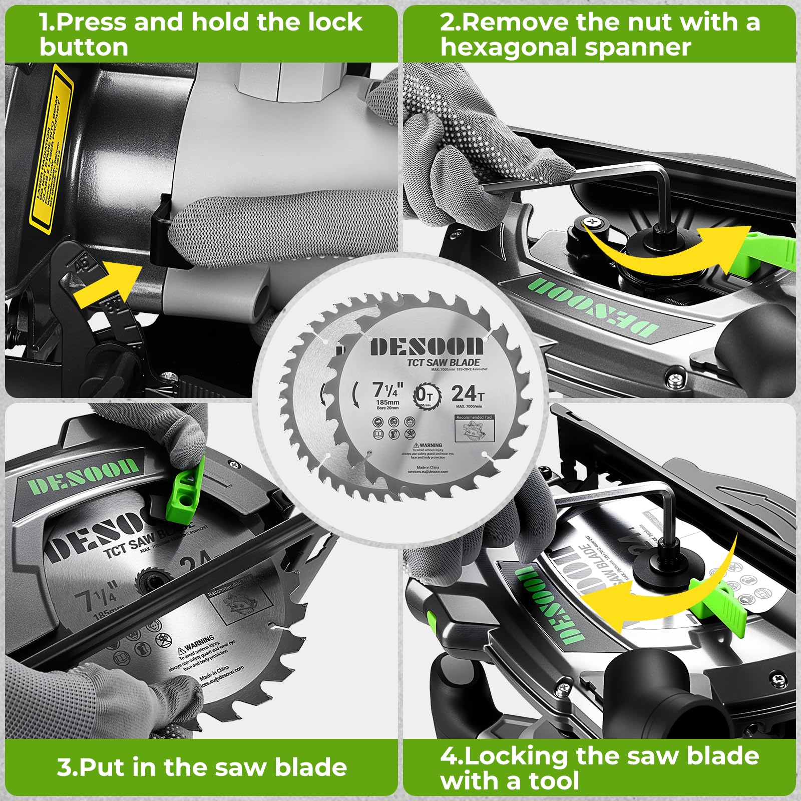 DESOON Sega Circolare da 1600 W con Guida Laser, Include Guida Parallela e 2 Lame da Seghetto (185 mm, 24T e 40T), 5500 Giri/min, Profondità di Taglio 65 mm (90°) e 43 mm (45°), per Taglio Legno
