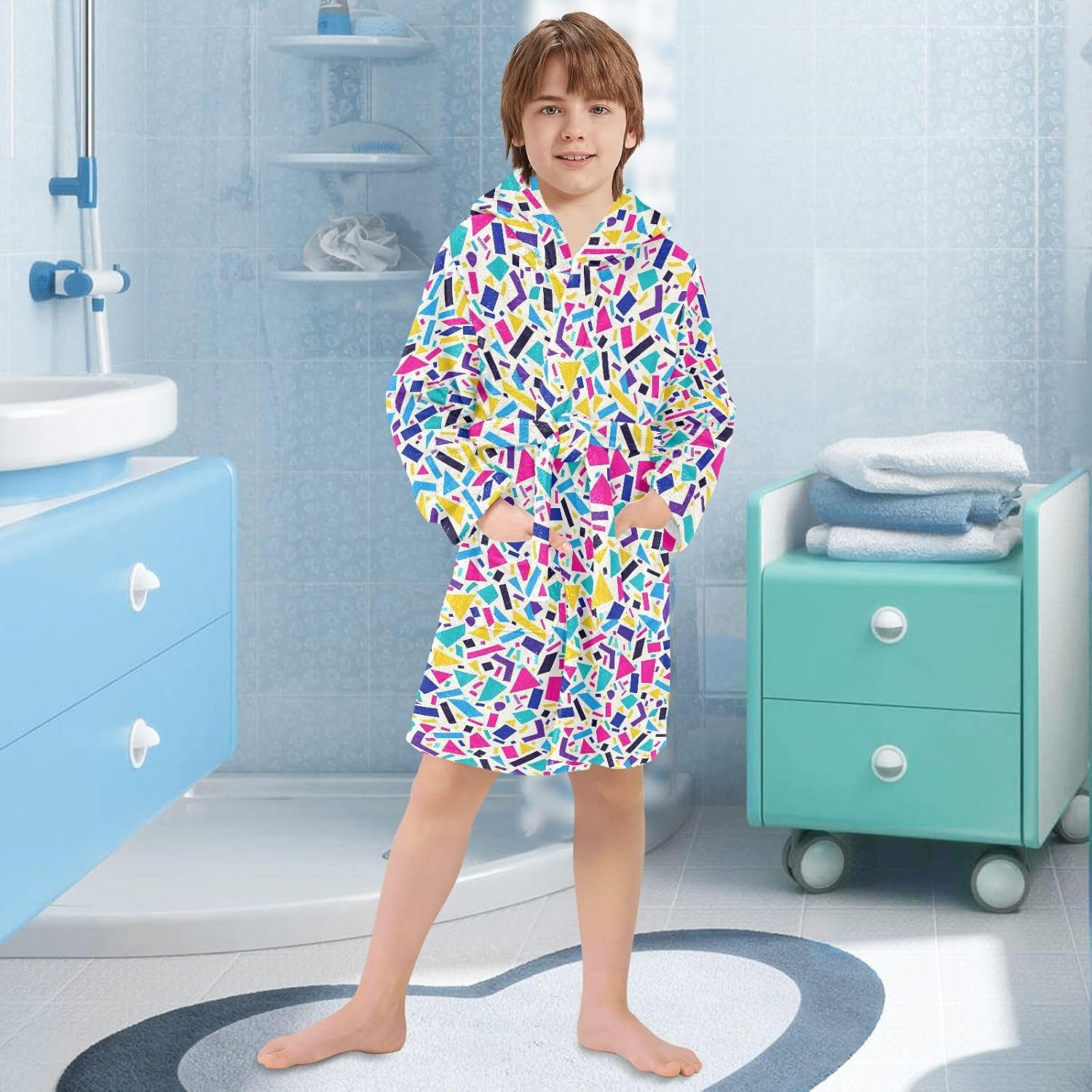 senya Graffiti Shape Toddler Hooded Bathrobe Kids Soft Plush Bath Towel Robes for Boys Girls 2-12 Years