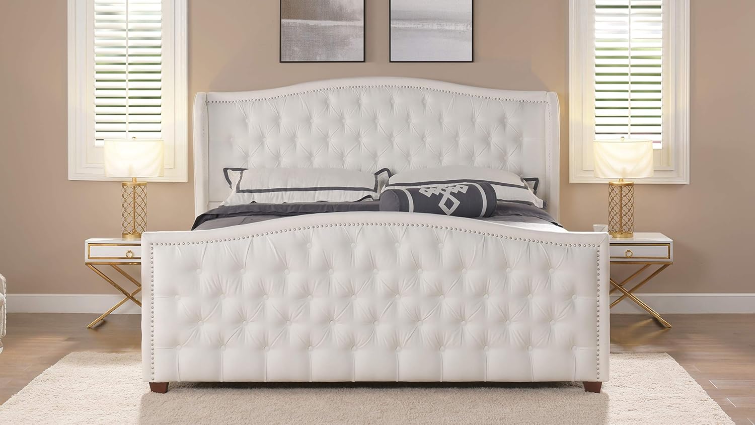 Jennifer Taylor Home Marcella Upholstered Shelter Headboard Bed Set, King, Bright White Polyester