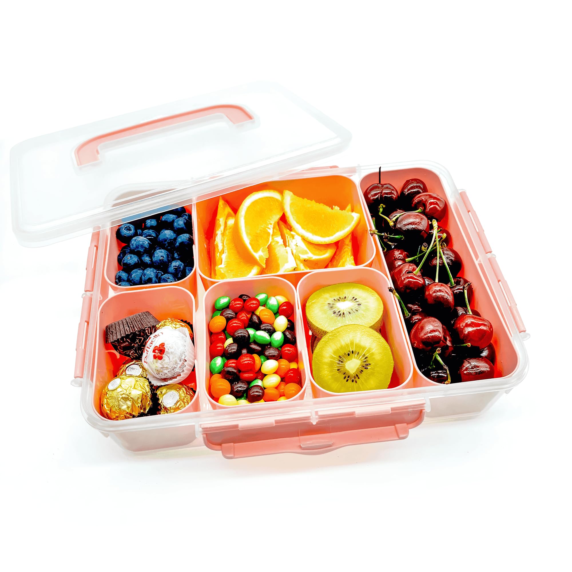 BOPPIE Divided Serving Tray with Lid and Handle - Portable Snackle Box Charcuterie Container - Clear Versatile Organizer for Party Snacks, Fruits, Nuts, Veggies - BPA-Free Food Storage (Pink)