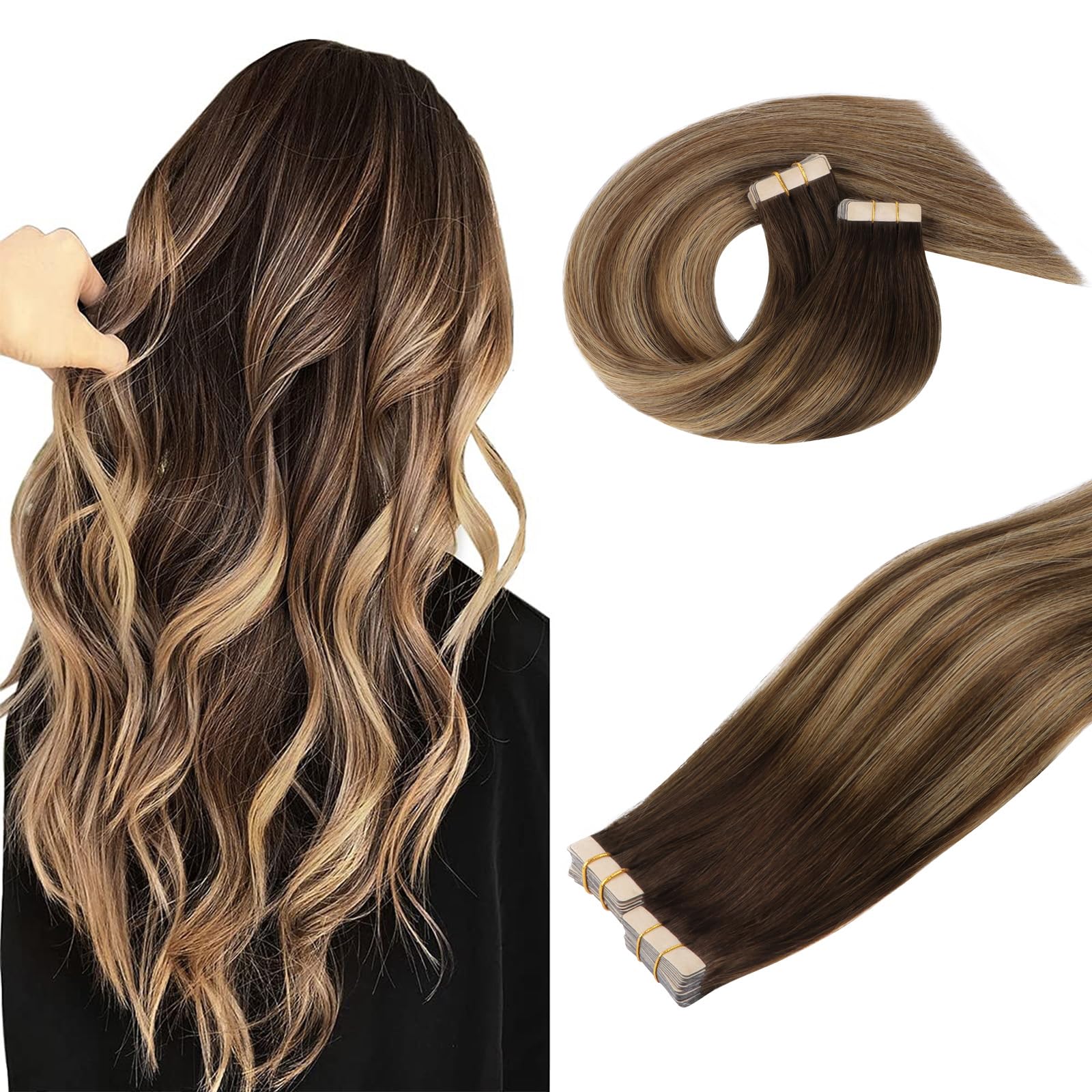 DOORES Tape-in Hair Extensions, Chocolate Brown to Caramel Blonde, 26 Inch, 120g, 40pcs, Long Straight Human Hair