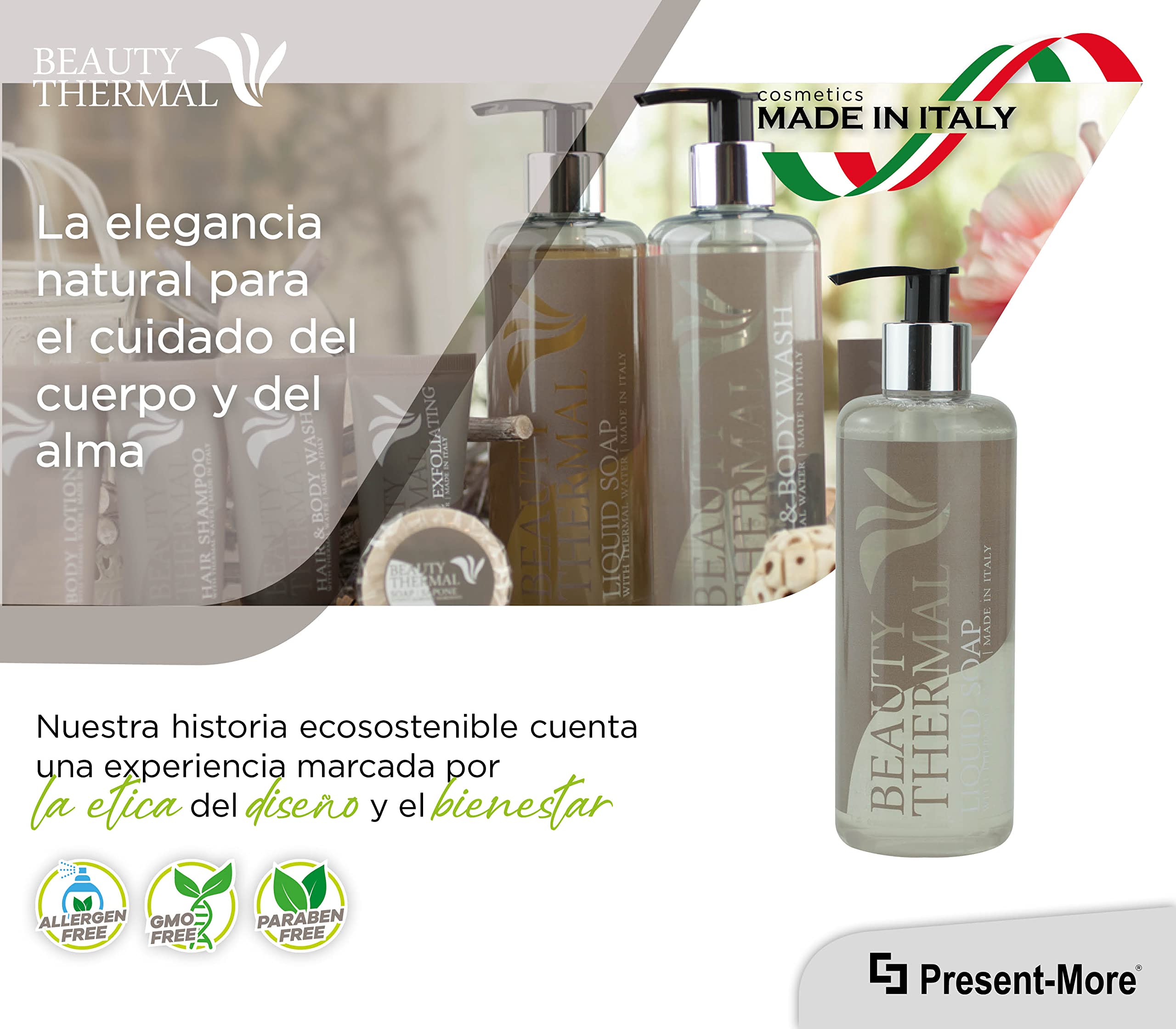 Present-More Jabon manos 300ml Beauty Thermal - Jabon líquido 15 unidades para Hoteles y B&B | Jabon líquido sin alérgenos con fragancia Arancia y Canela