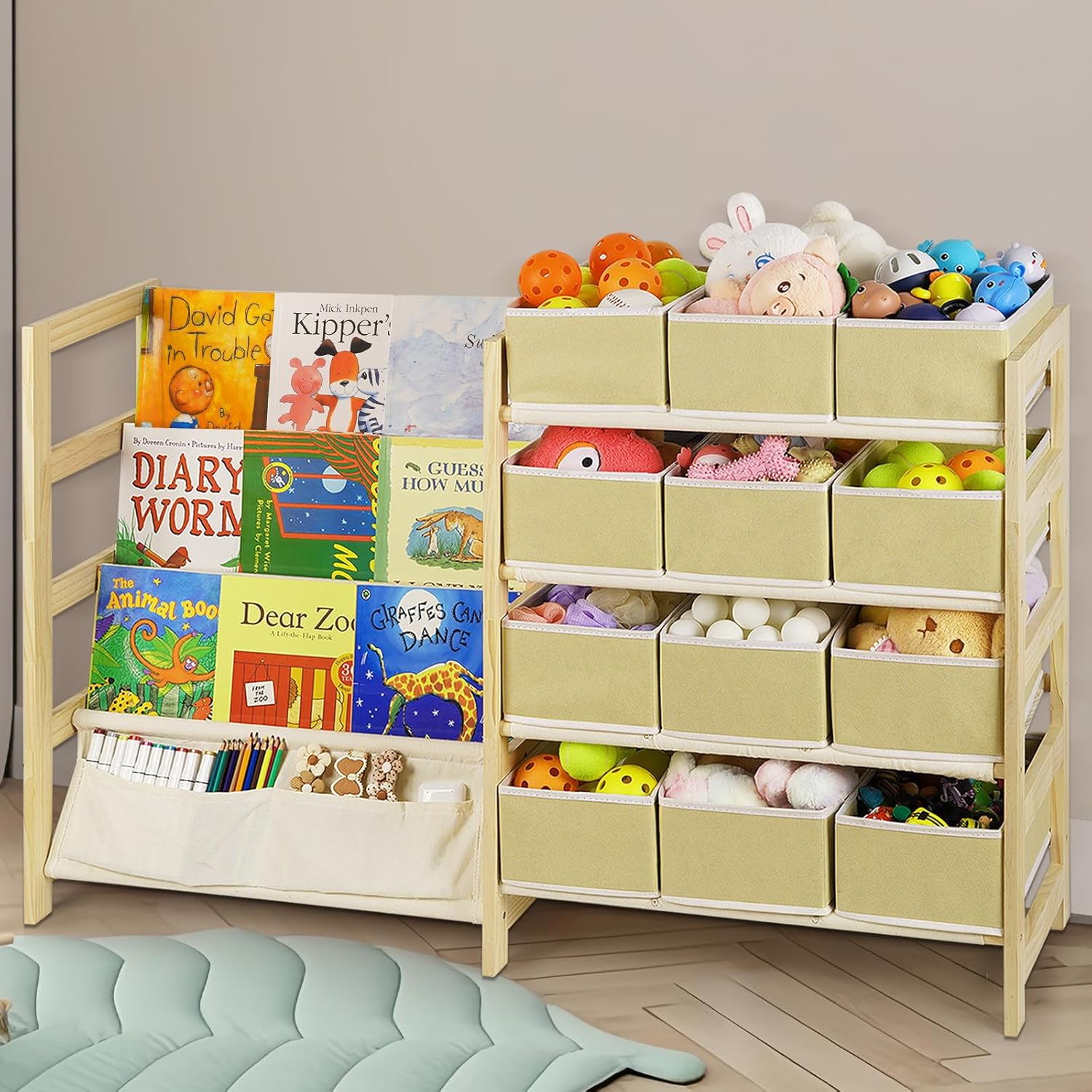 Toy Organizer with Bookshelf, 4-Tier Solid Wood Kids Bookshelf and Toy Storage, Large Capacity Toy Storage with 12 Foldable Toy Bins, Easy Assembly Multipurpose Shelf Organizer
