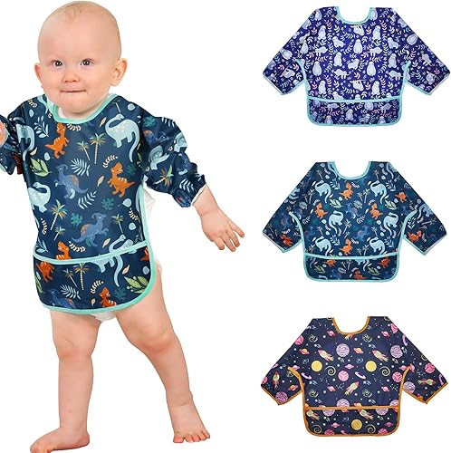 Lictin 3 baberos de bebé para niño o niña, babero de manga larga, baberos impermeables para niños pequeños, cierre ajustable, 6-24 meses