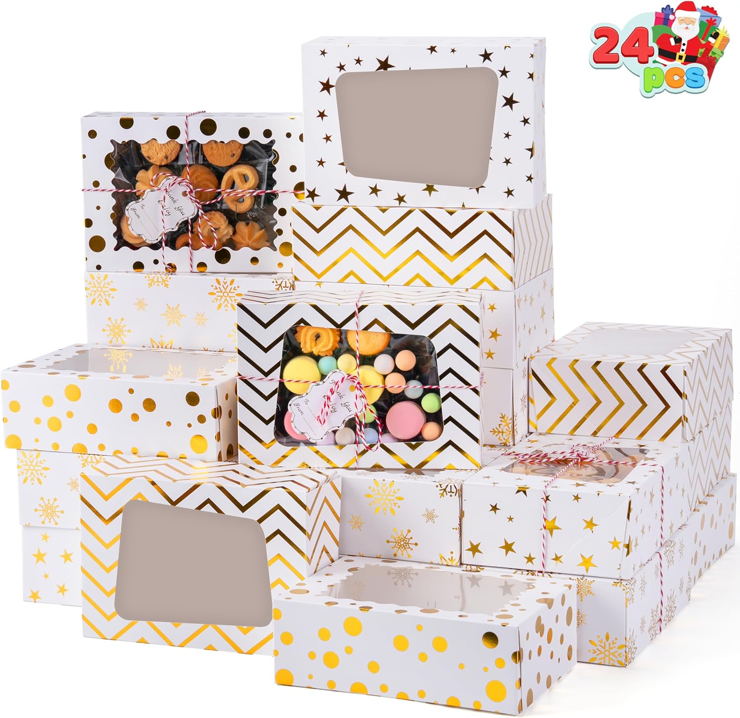 JOYIN 24 Pcs Christmas Cookie Boxes, Gold Foil Treat Boxes