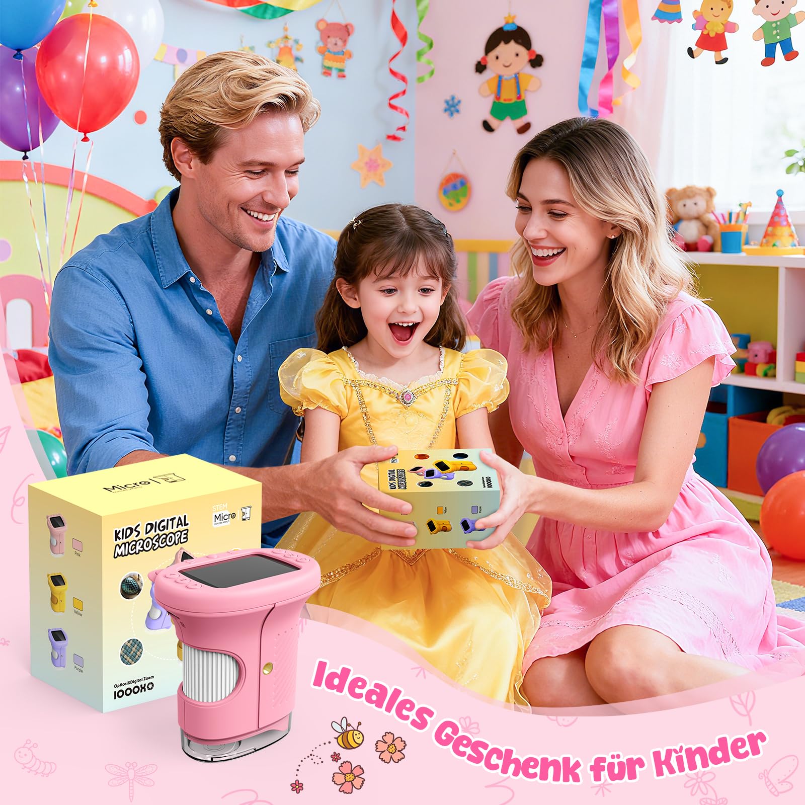 Microscopio Digital para Niños con Pantalla de 2.4'',Recargable 1000x,Microscopio de Bolsillo Portátil para Niñas de 3 a 10 Años (Rosa)