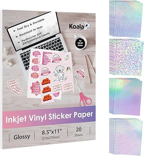 Koala - Papel adhesivo de vinilo para impresora de inyección de tinta, papel adhesivo brillante imprimible y hojas laminadas holográficas, papel