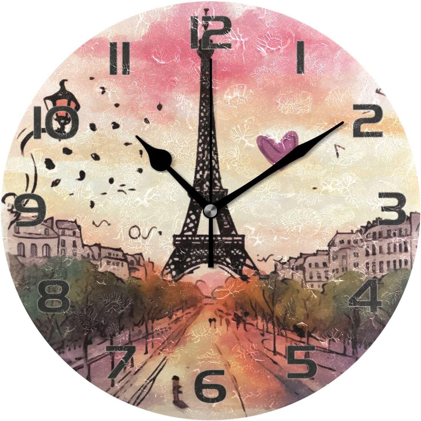 Qilmy Paris Eiffel Tower Wall Clock Non Ticking Silent Art Decorative Round Clock for Living Room Kitchen Bedroom Office School
