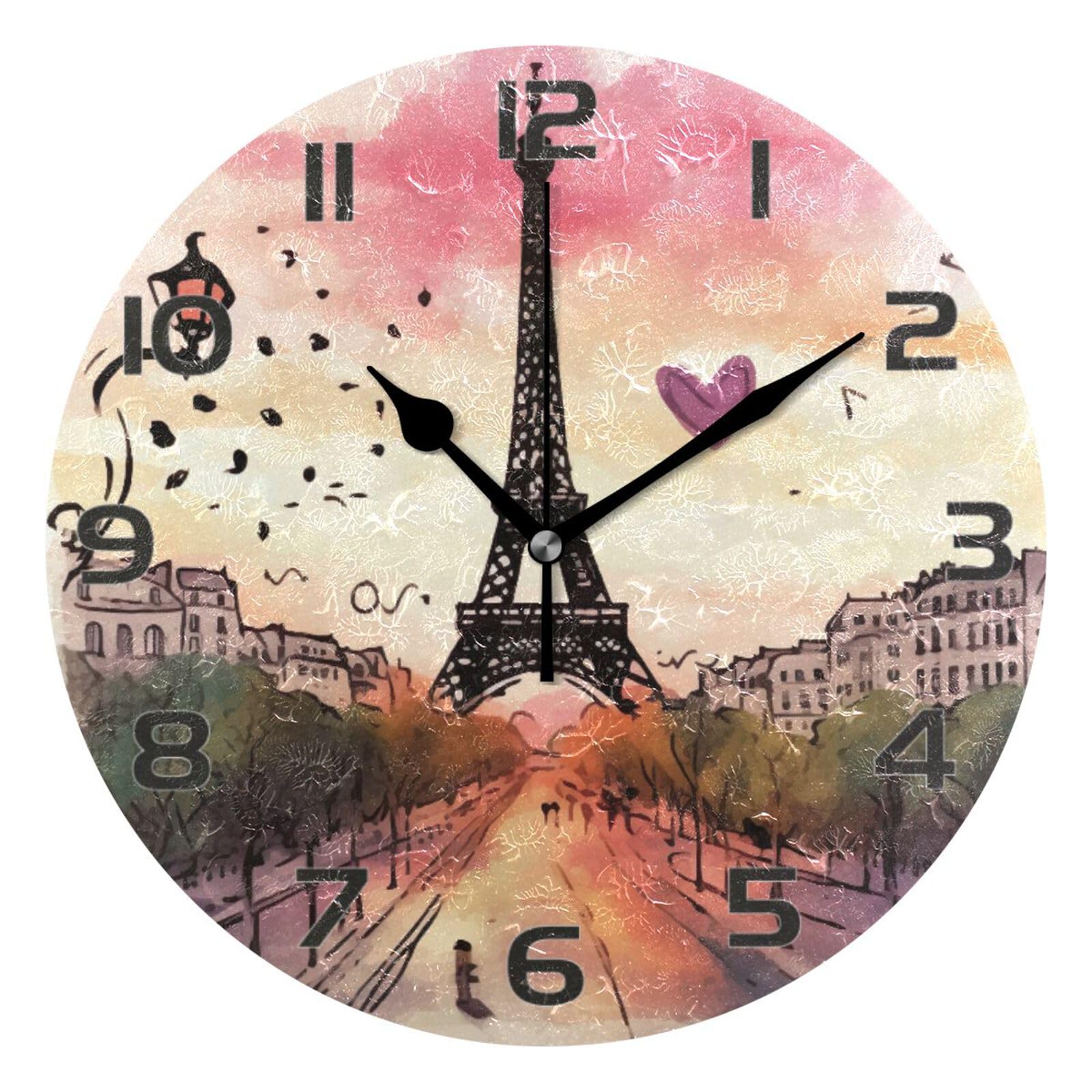 Ensound Paris Eiffel Tower Wall Clock Non Ticking Silent Art Decorative Round Clock for Living Room Kitchen Bedroom Office School 12 Inch