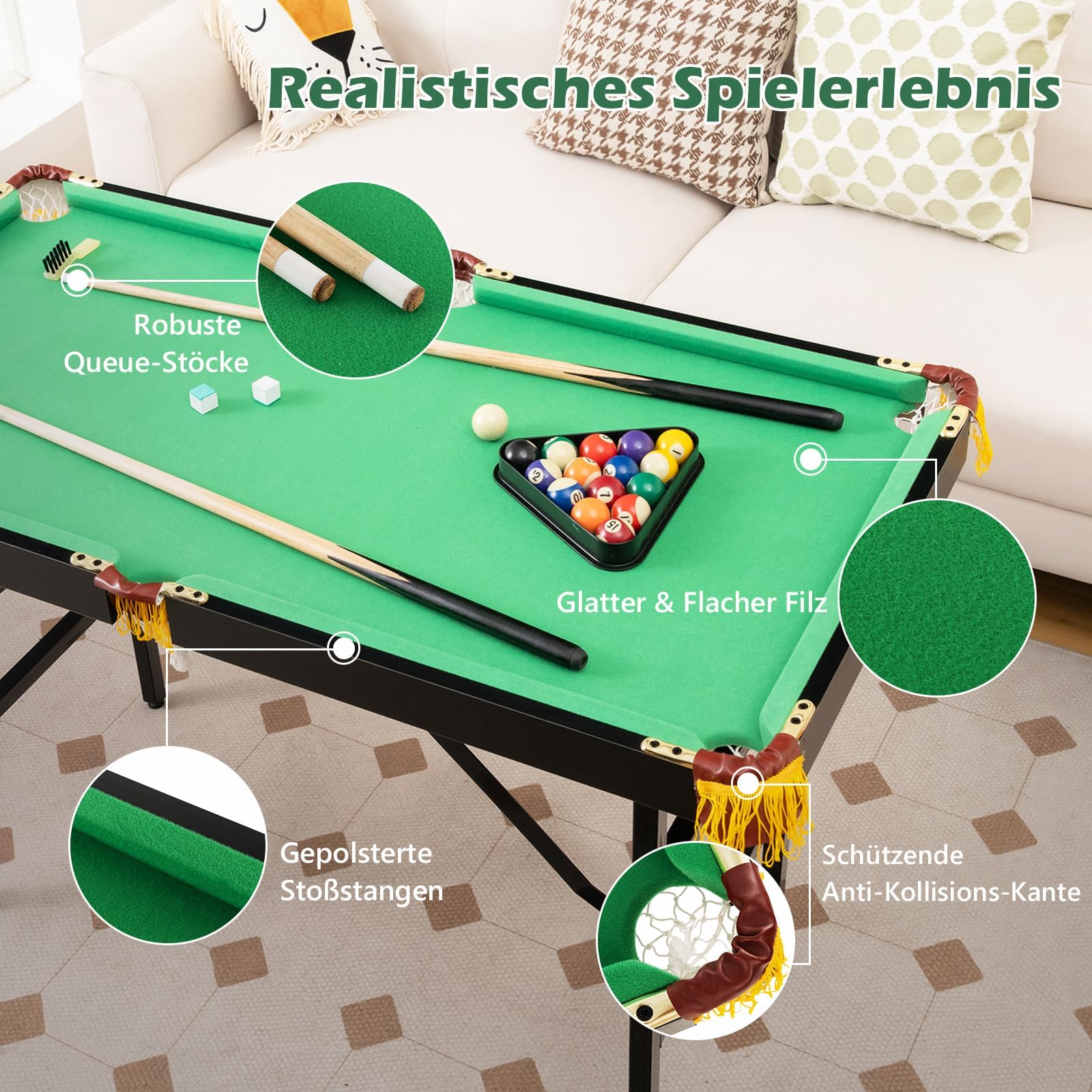 COSTWAY Billardtisch klappbar, Billiard Tisch mit Zubehör, Pooltisch mit 2 Queues, 2 Kreiden, Dreieck & Bürste, Tischbillard aus Holz, Snookertisch für Kinder, Erwachsene, 122 x 64 x 78 cm
