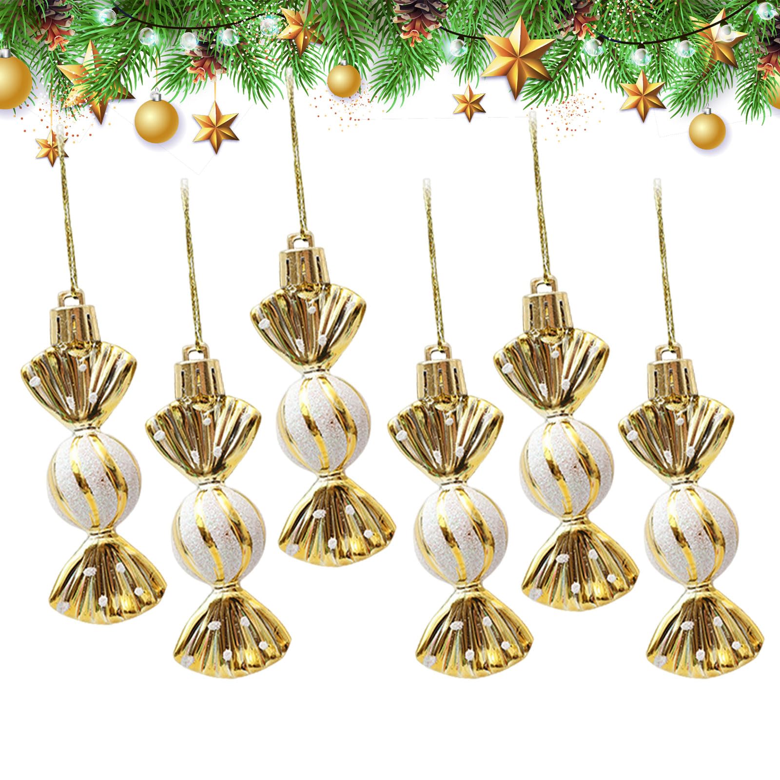 Vordpe Pack of 6 Christmas Tree Decoration Baubles, Plastic Painted Bauble Candy Pendant Prop (Gold)